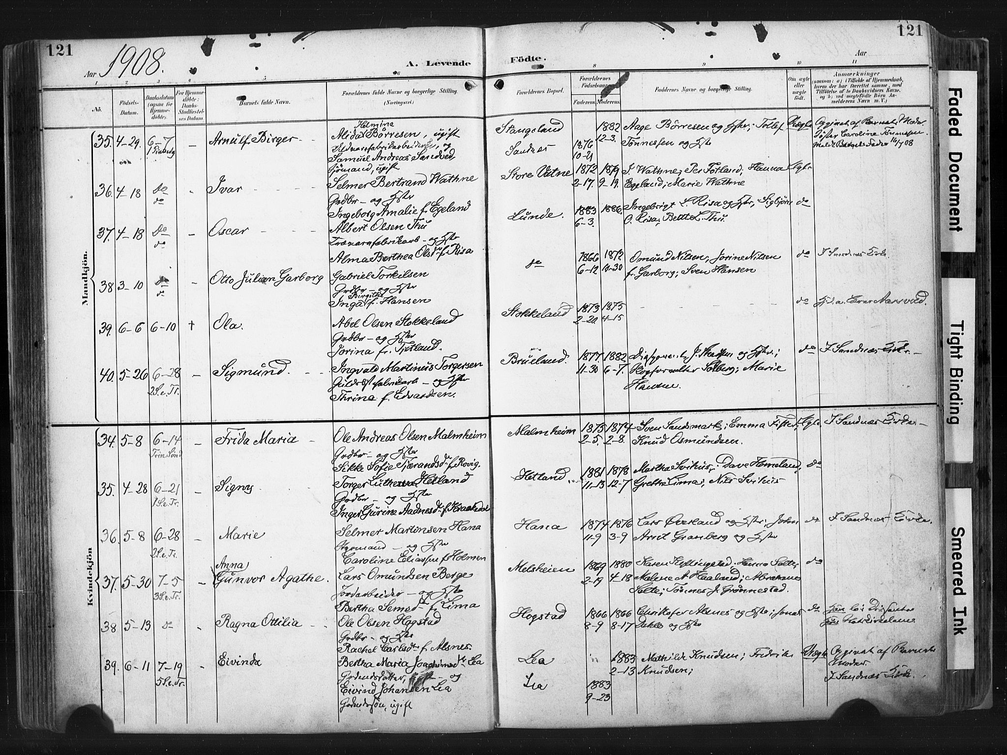 Høyland sokneprestkontor, AV/SAST-A-101799/001/30BA/L0015: Parish register (official) no. A 14, 1899-1911, p. 121