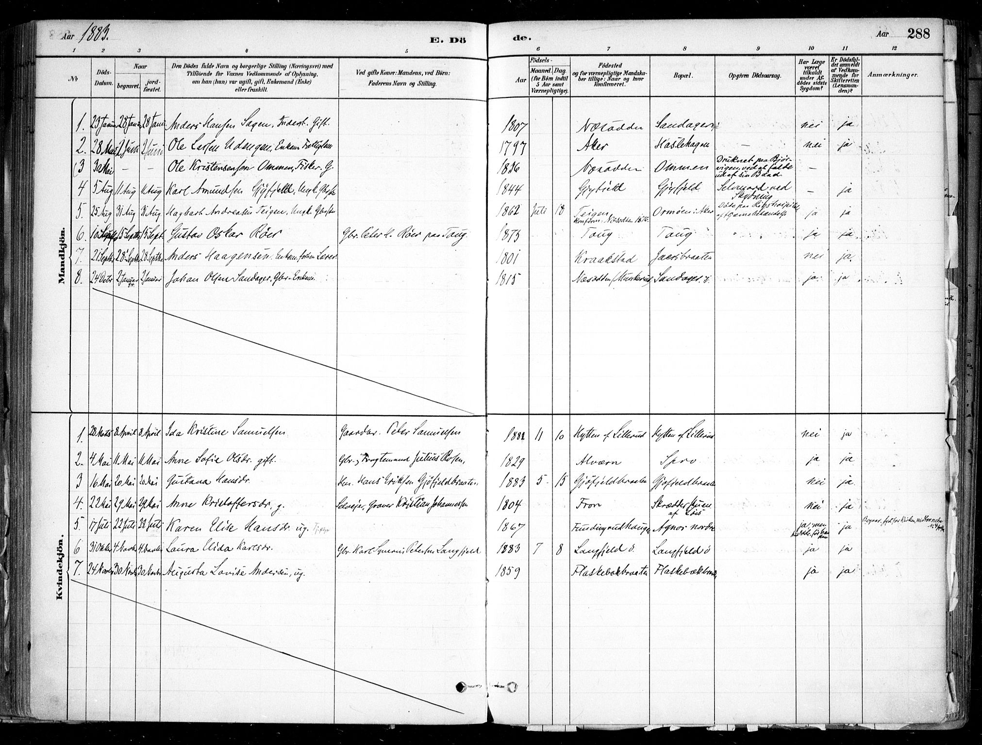 Nesodden prestekontor Kirkebøker, SAO/A-10013/F/Fa/L0009: Parish register (official) no. I 9, 1880-1915, p. 288