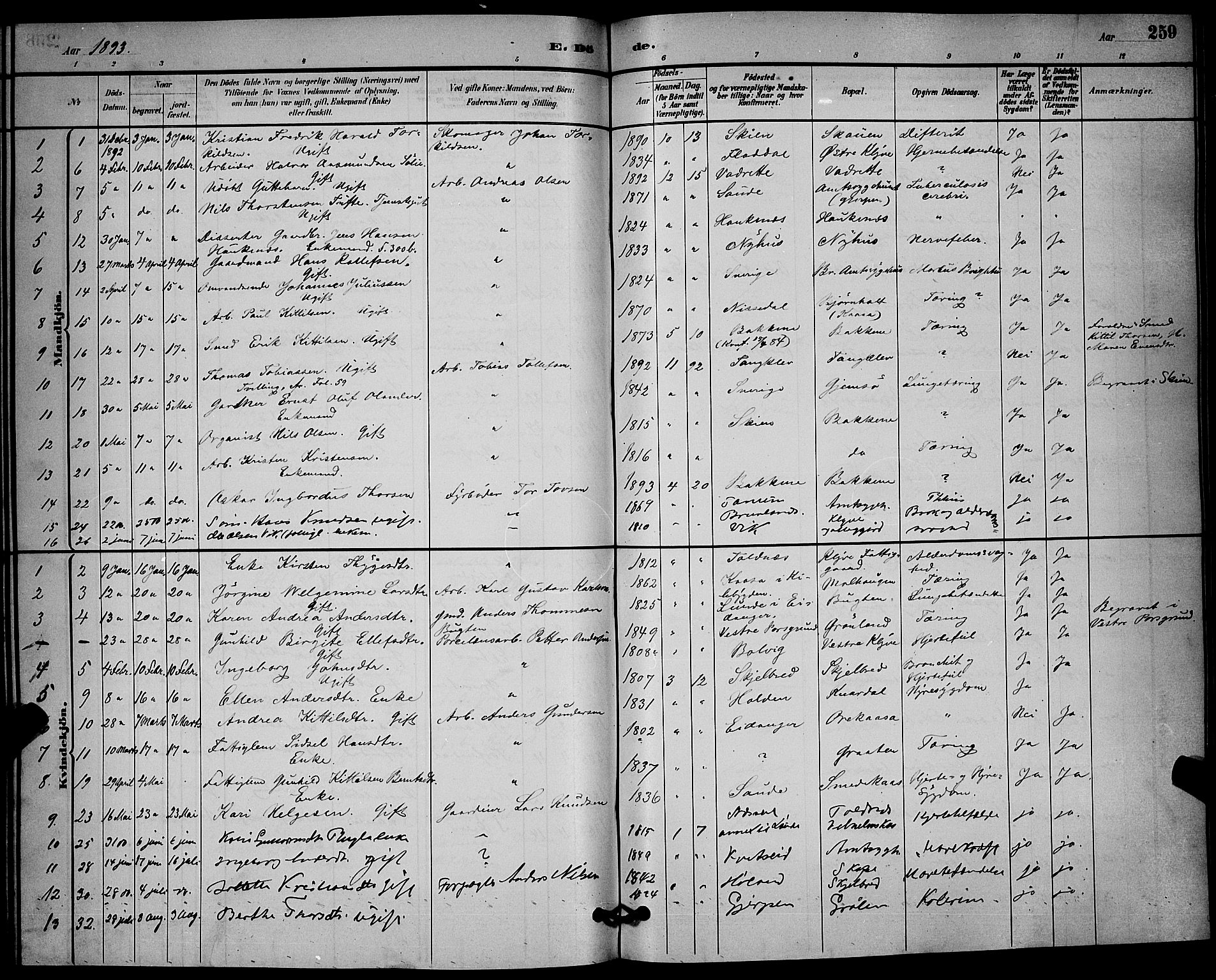 Solum kirkebøker, SAKO/A-306/G/Ga/L0007: Parish register (copy) no. I 7, 1884-1898, p. 259