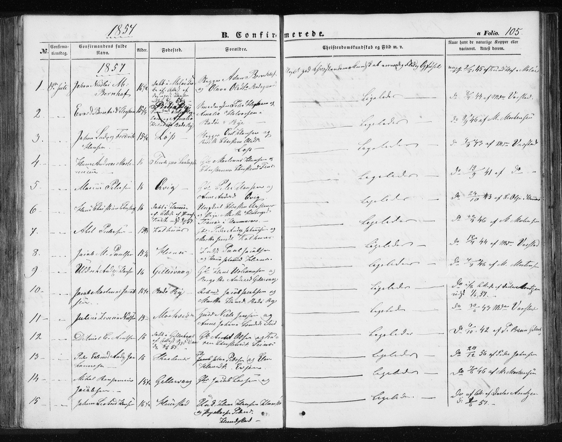 Ministerialprotokoller, klokkerbøker og fødselsregistre - Nordland, SAT/A-1459/801/L0028: Parish register (copy) no. 801C03, 1855-1867, p. 105