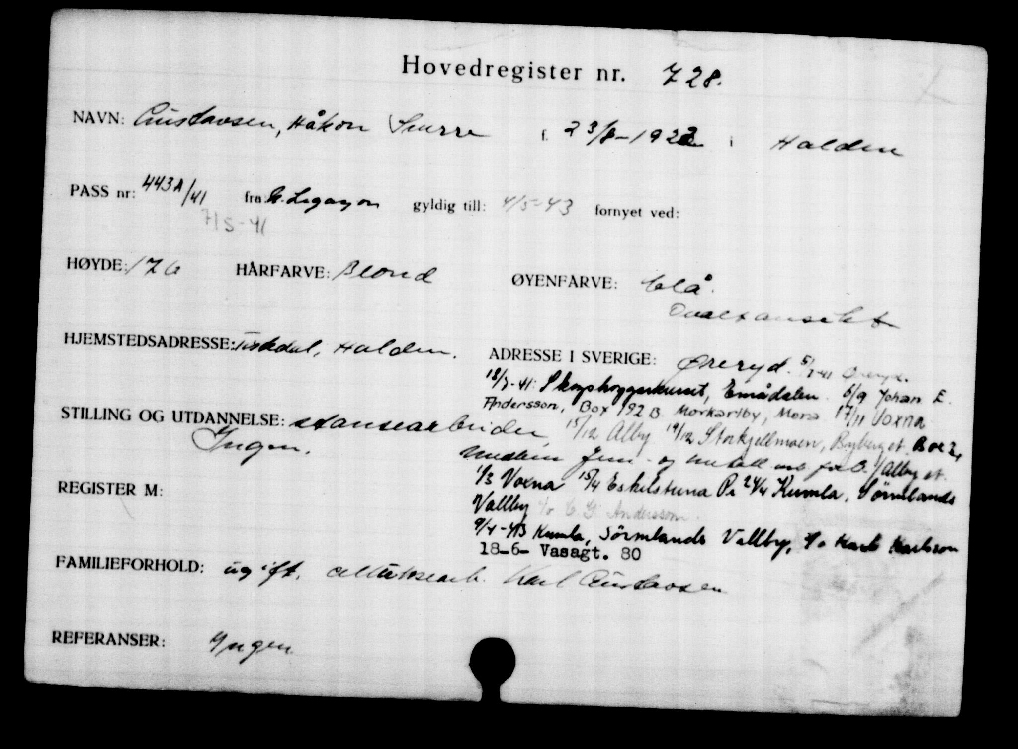 Utenriksstasjonene, Legasjonen i Stockholm, Flyktningkontoret, AV/RA-S-6753/V/Va/L0001: Kjesäterkartoteket, flyktninger med registreringsnr. 1-1000, 1940-1945, p. 1141