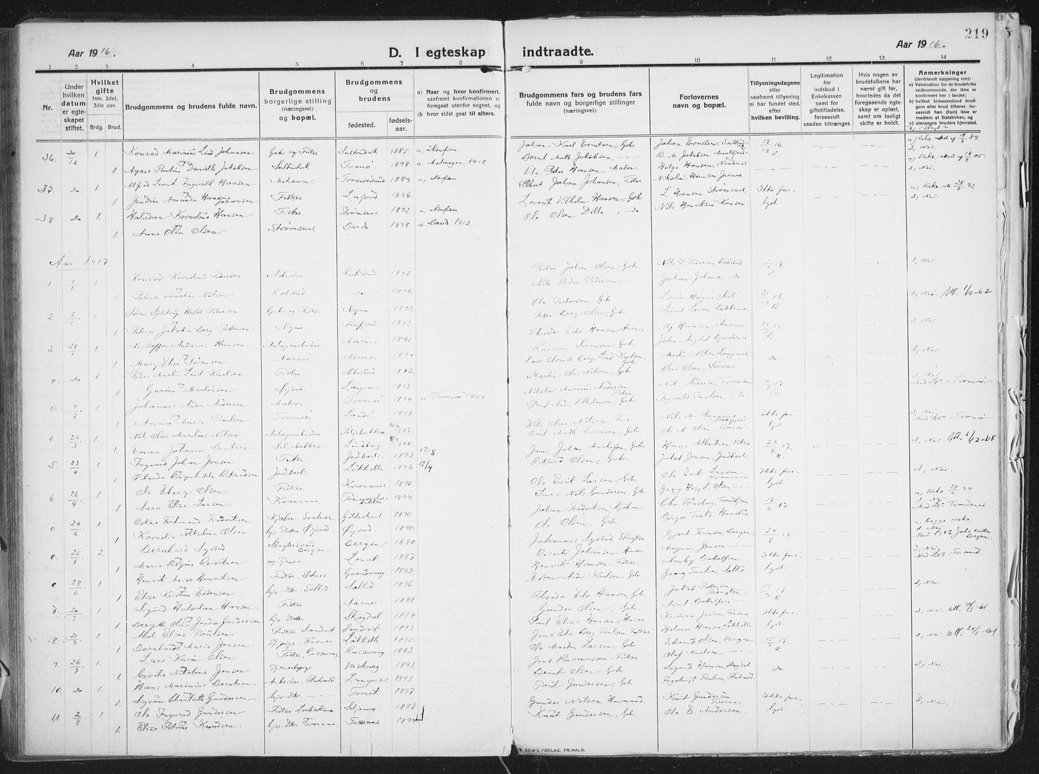 Lenvik sokneprestembete, SATØ/S-1310/H/Ha/Haa/L0016kirke: Parish register (official) no. 16, 1910-1924, p. 219