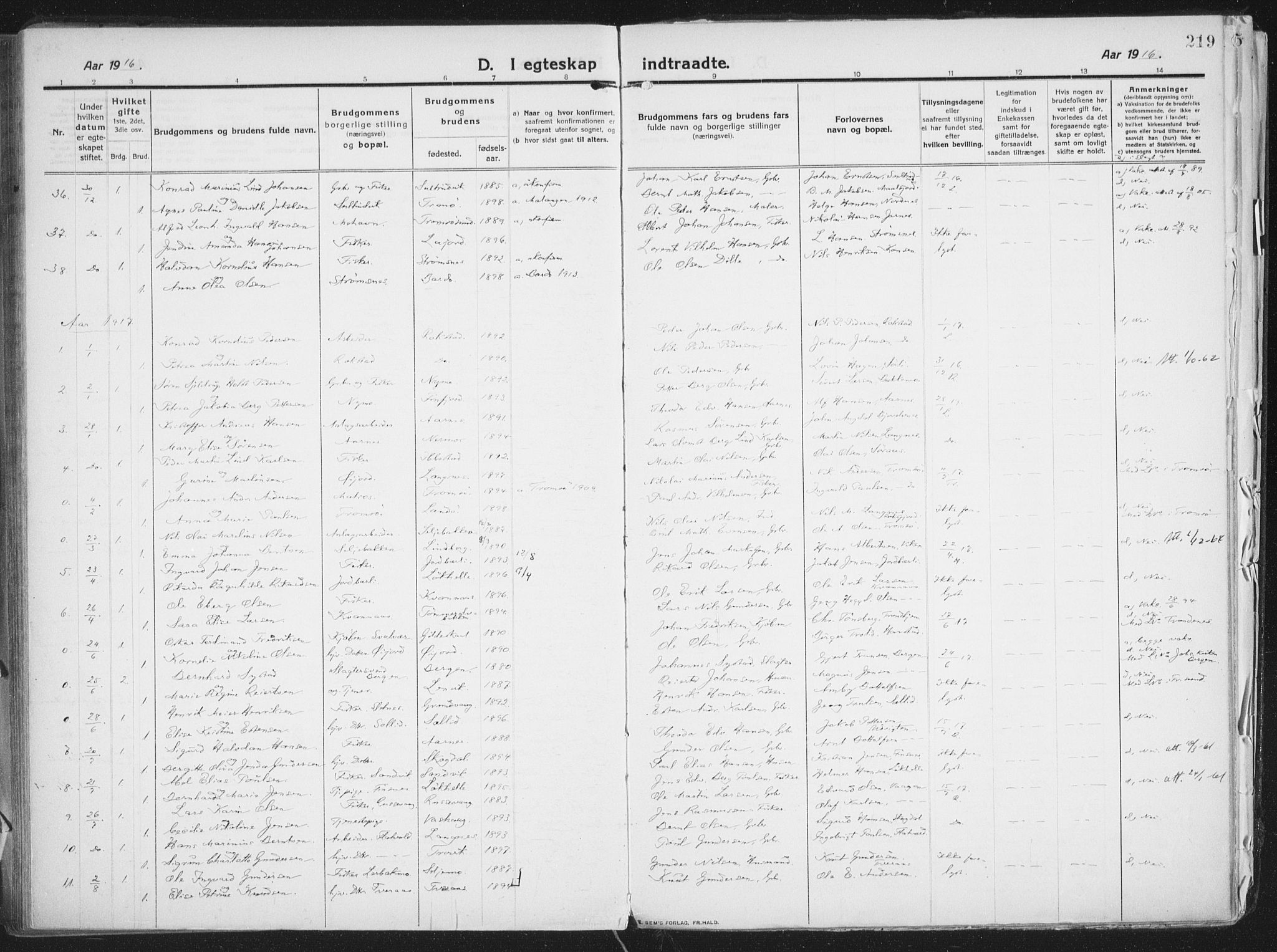 Lenvik sokneprestembete, AV/SATØ-S-1310/H/Ha/Haa/L0016kirke: Parish register (official) no. 16, 1910-1924, p. 219