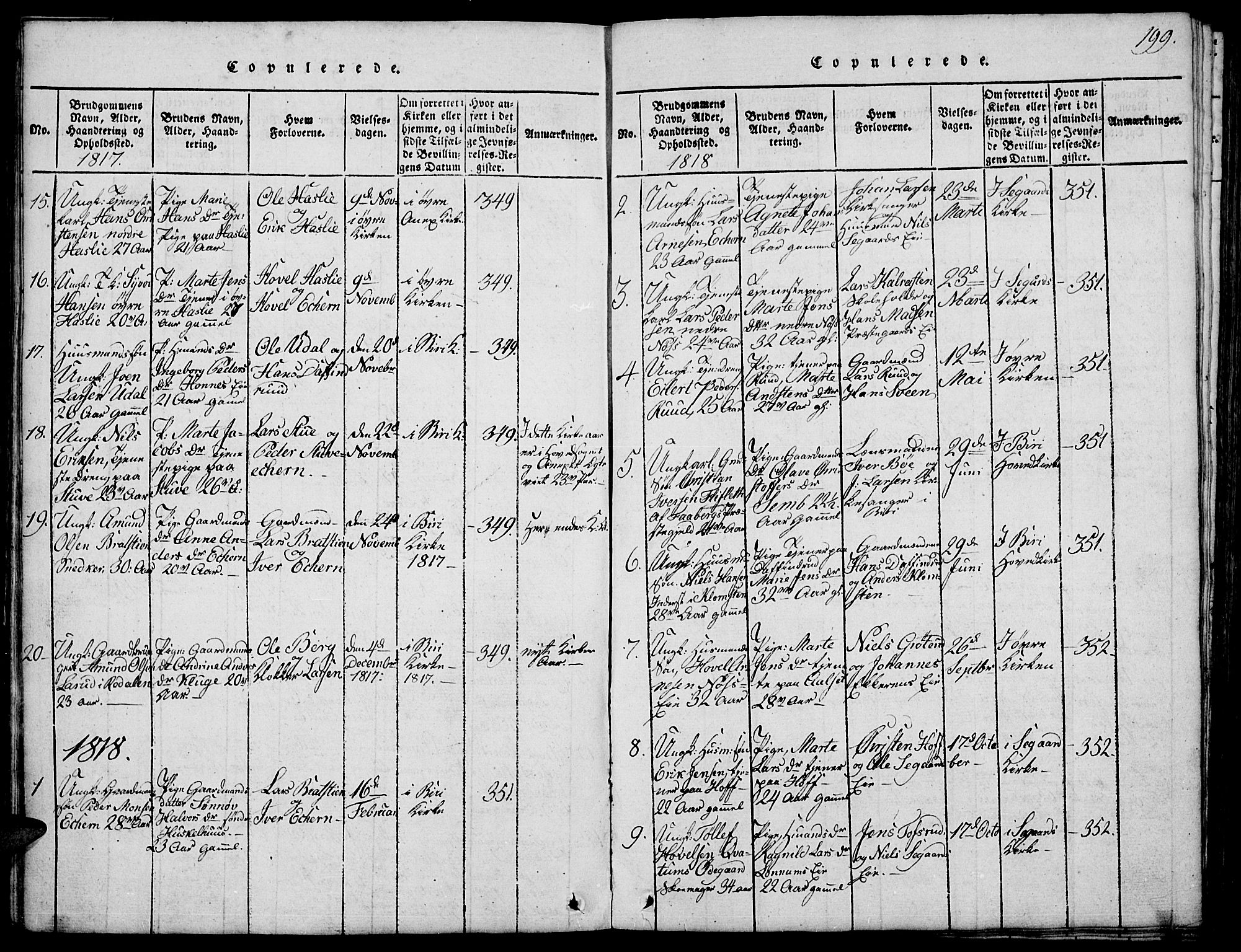 Biri prestekontor, SAH/PREST-096/H/Ha/Hab/L0001: Parish register (copy) no. 1, 1814-1828, p. 199