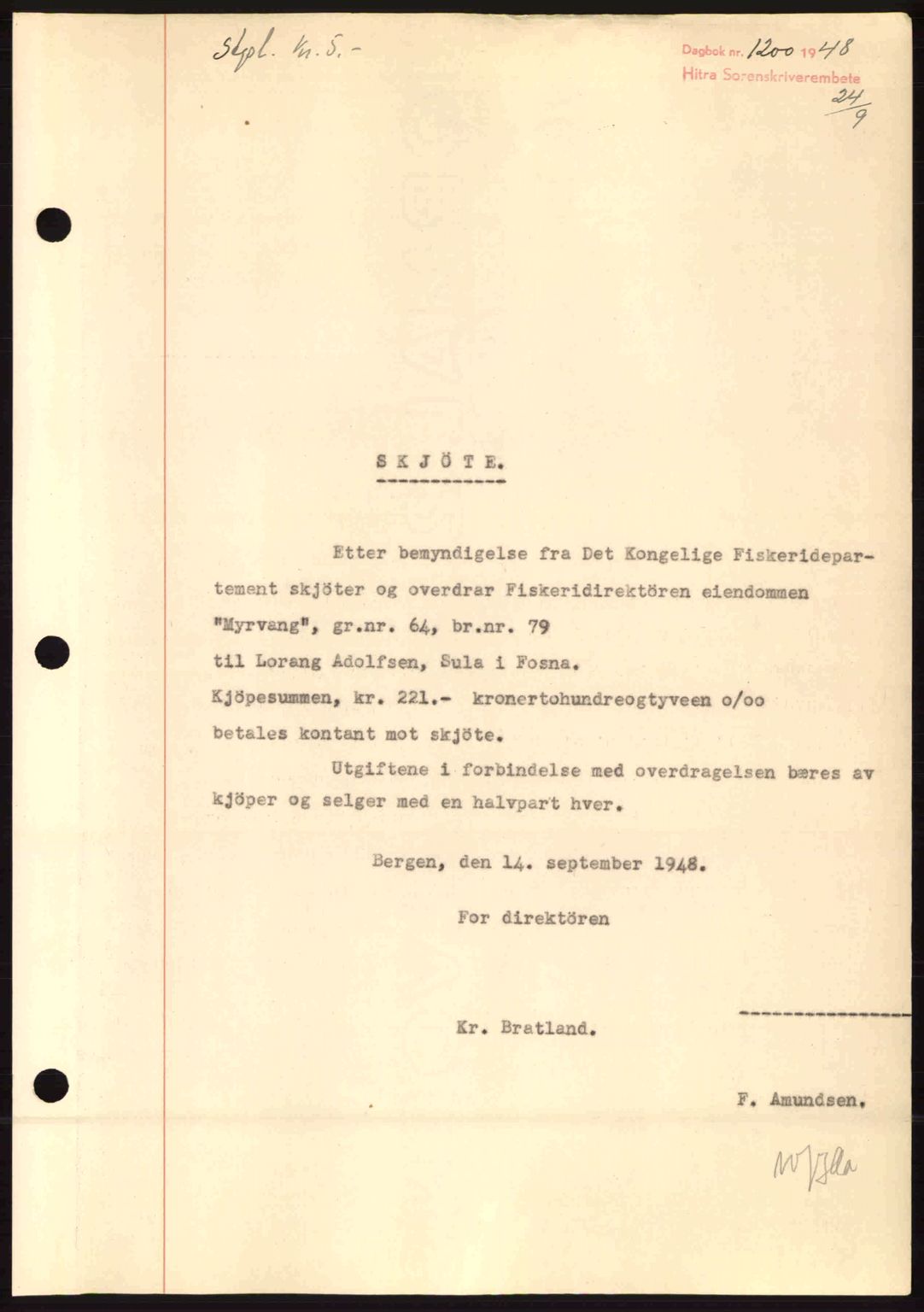 Hitra sorenskriveri, AV/SAT-A-0018/2/2C/2Ca: Mortgage book no. A5, 1947-1948, Diary no: : 1200/1948