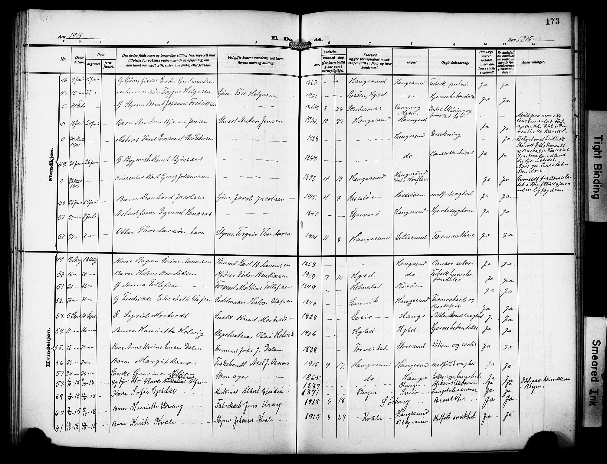 Haugesund sokneprestkontor, AV/SAST-A -101863/H/Ha/Hab/L0008: Parish register (copy) no. B 8, 1909-1921, p. 173