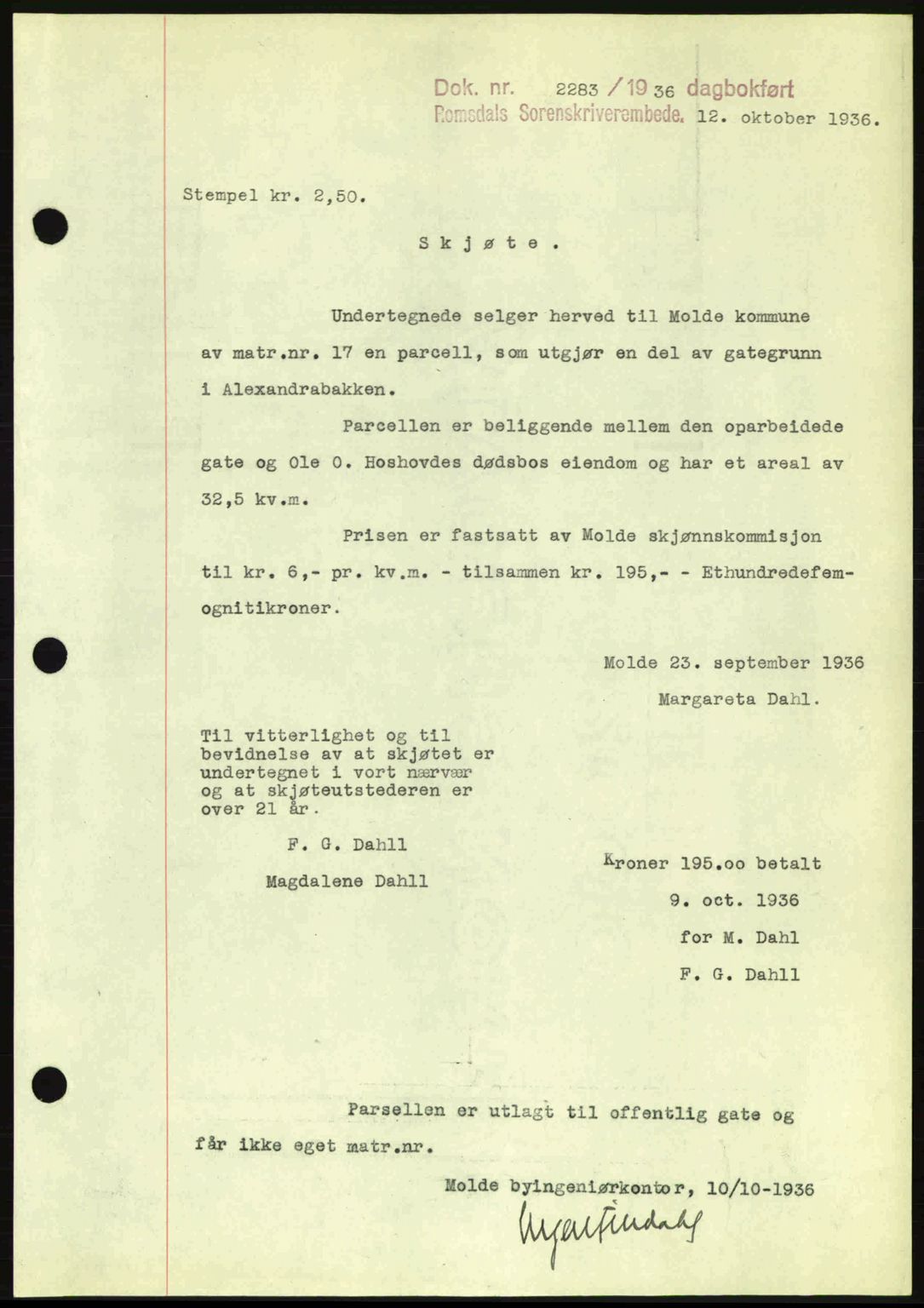 Romsdal sorenskriveri, SAT/A-4149/1/2/2C: Mortgage book no. A2, 1936-1937, Diary no: : 2283/1936