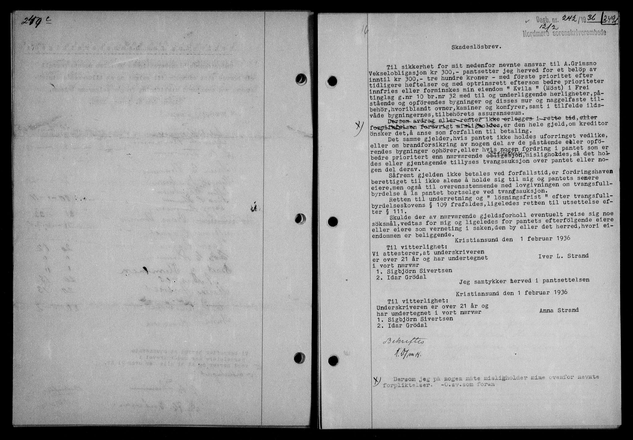 Nordmøre sorenskriveri, AV/SAT-A-4132/1/2/2Ca/L0087: Mortgage book no. 77, 1935-1936, Deed date: 12.02.1936