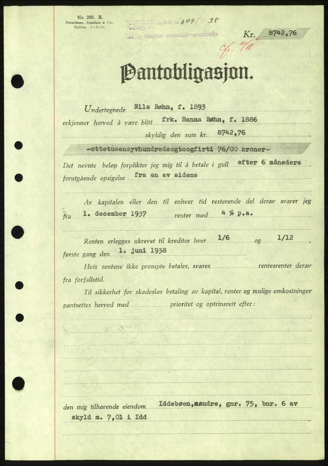 Idd og Marker sorenskriveri, AV/SAO-A-10283/G/Gb/Gbc/L0001: Mortgage book no. B1-3, 1936-1939, Diary no: : 609/1938