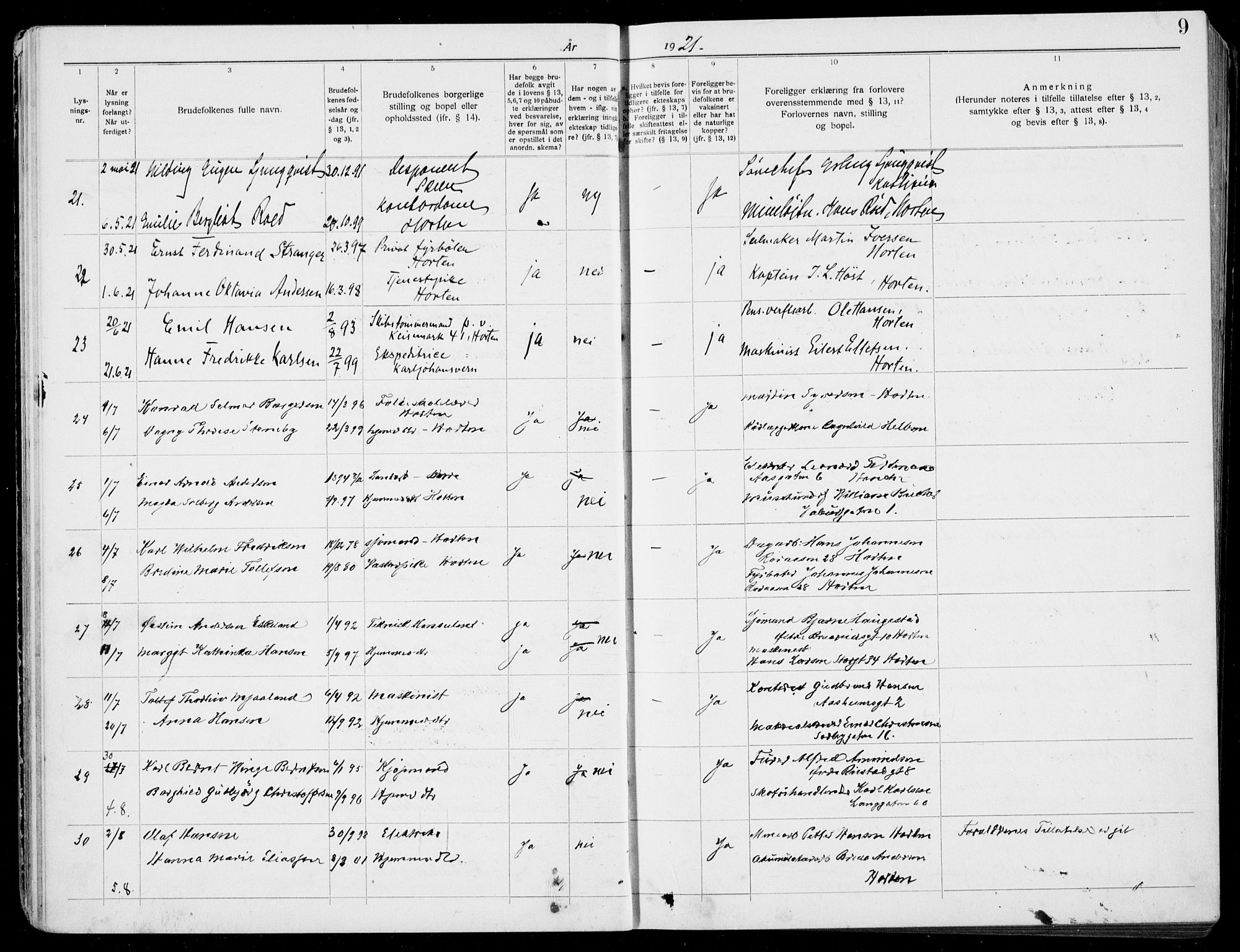 Horten kirkebøker, AV/SAKO-A-348/H/Ha/L0006: Banns register no. 6, 1920-1934, p. 9