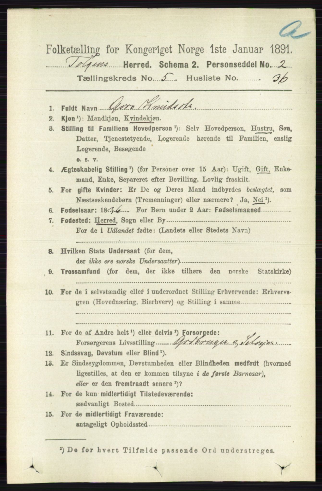 RA, 1891 census for 0436 Tolga, 1891, p. 1523