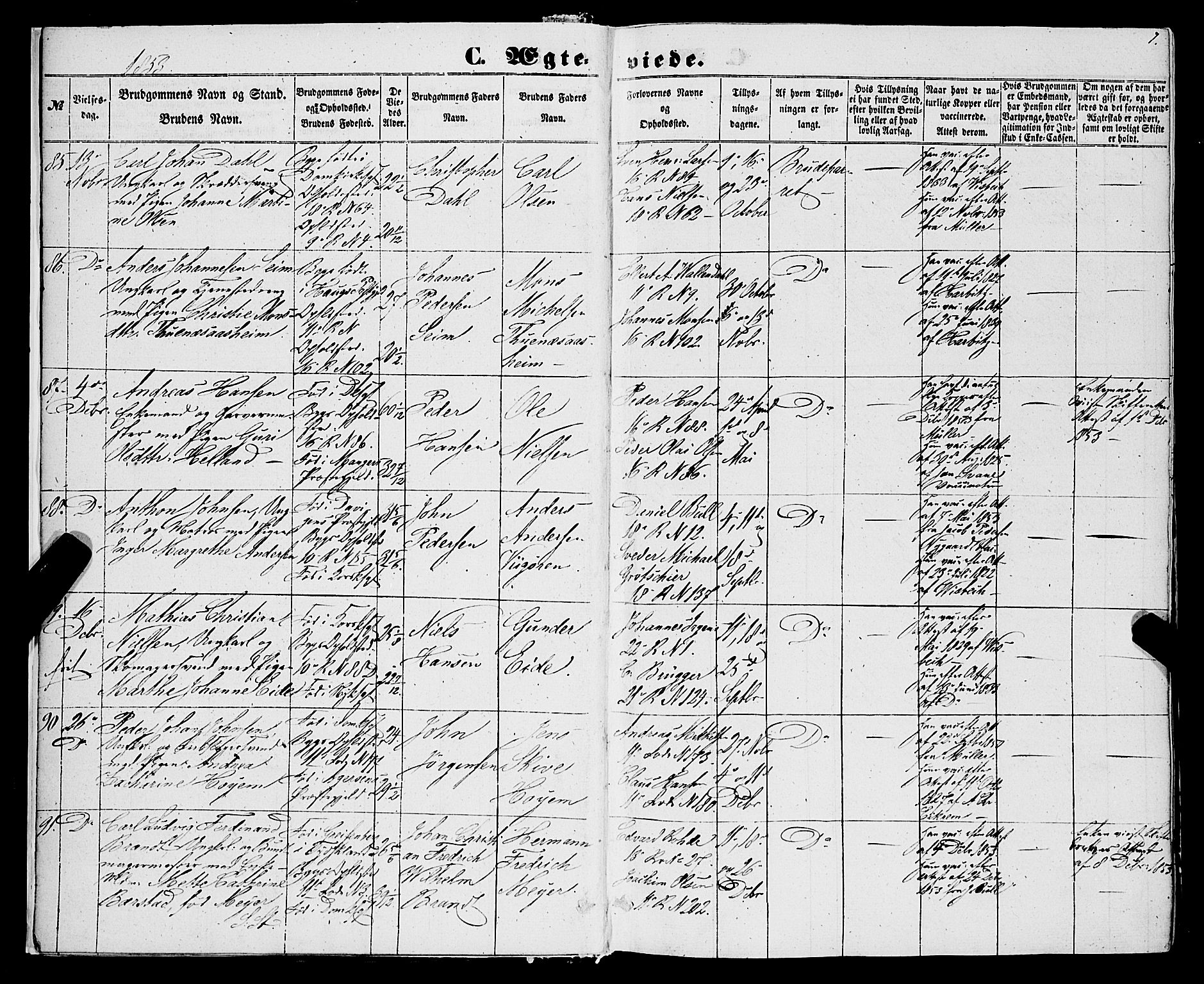 Domkirken sokneprestembete, AV/SAB-A-74801/H/Haa/L0034: Parish register (official) no. D 2, 1853-1874, p. 7