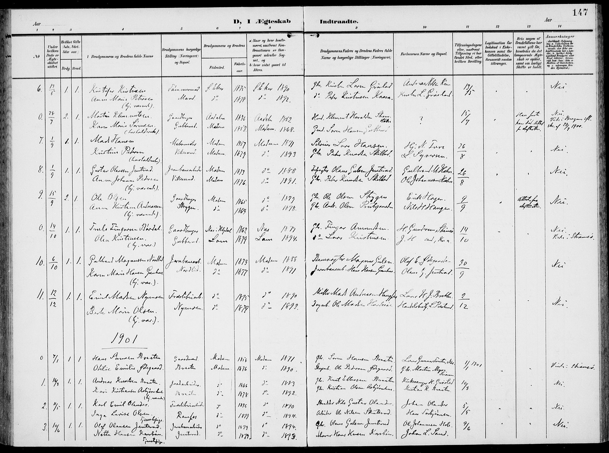 Modum kirkebøker, AV/SAKO-A-234/F/Fa/L0019: Parish register (official) no. 19, 1890-1914, p. 147