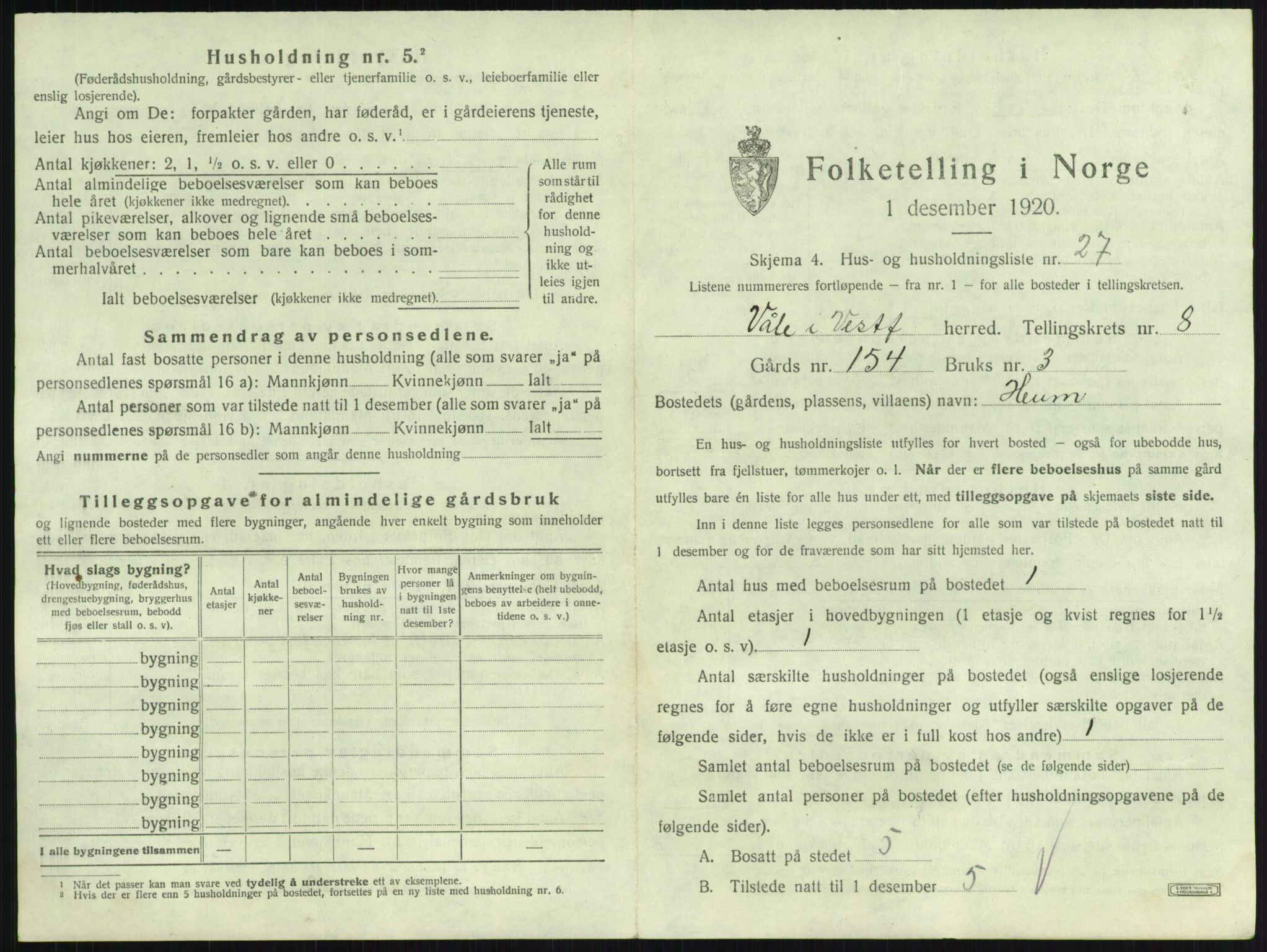 SAKO, 1920 census for Våle, 1920, p. 1026