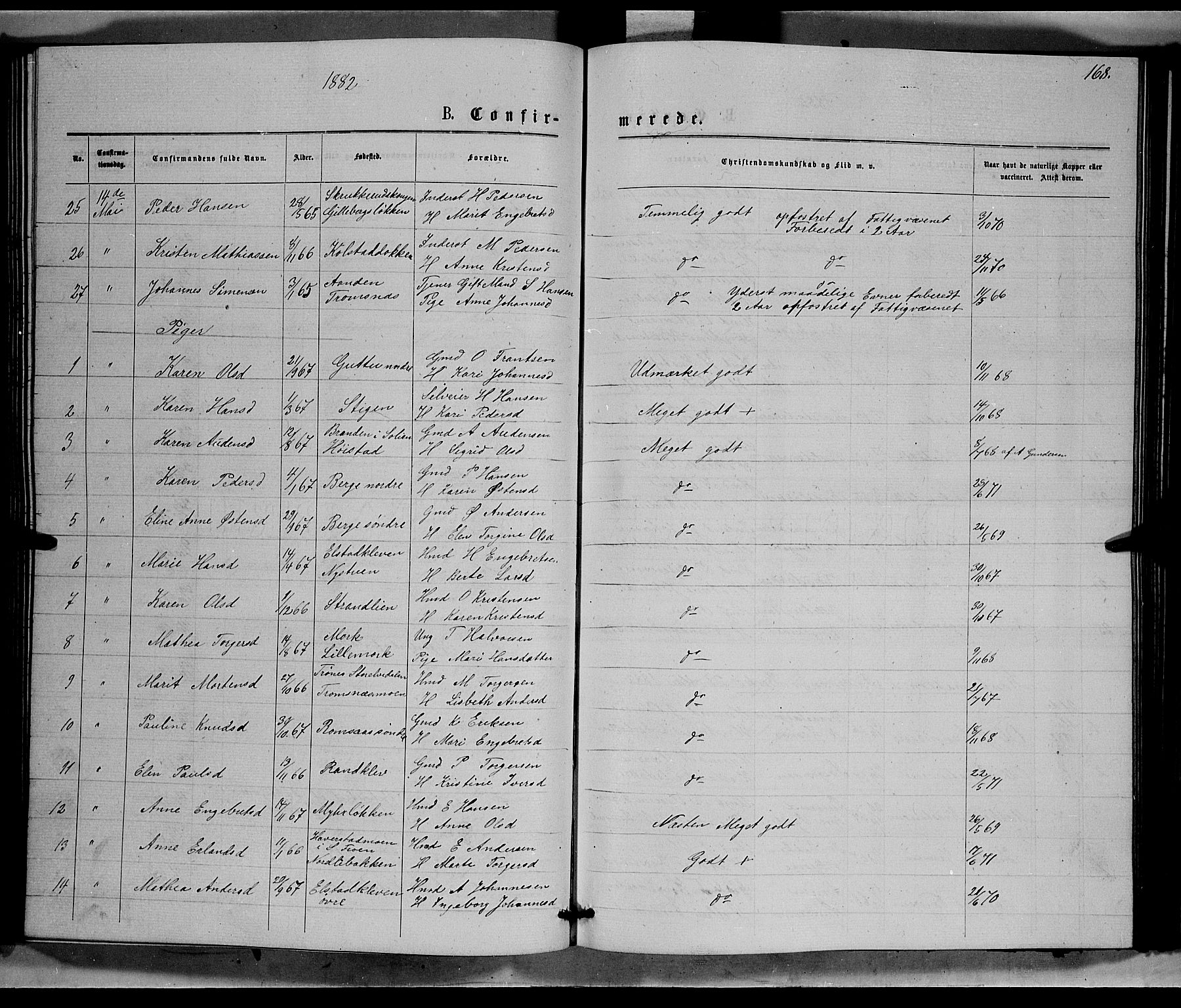 Ringebu prestekontor, SAH/PREST-082/H/Ha/Hab/L0006: Parish register (copy) no. 6, 1880-1898, p. 168