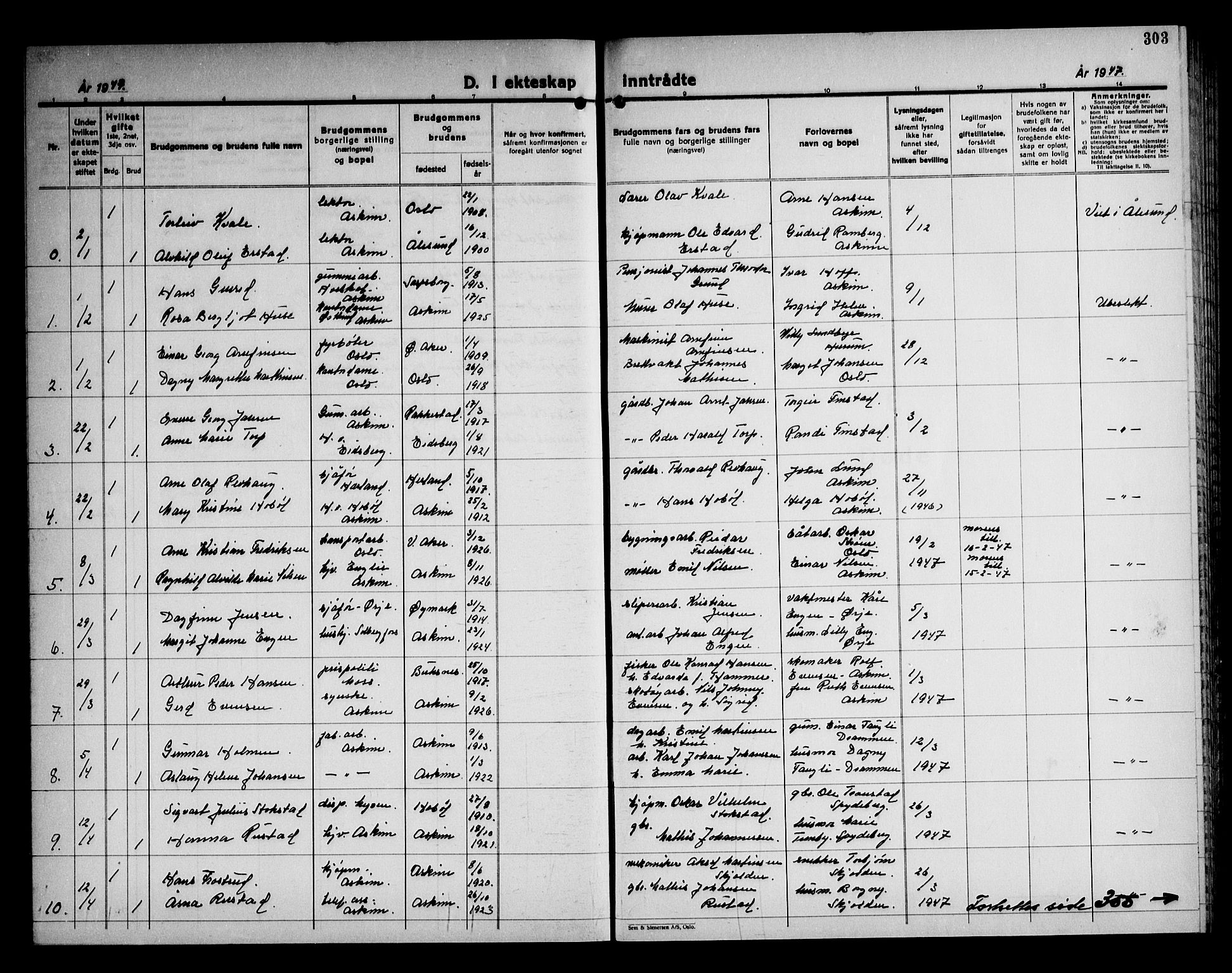 Askim prestekontor Kirkebøker, AV/SAO-A-10900/G/Ga/L0004: Parish register (copy) no. 4, 1938-1947, p. 303