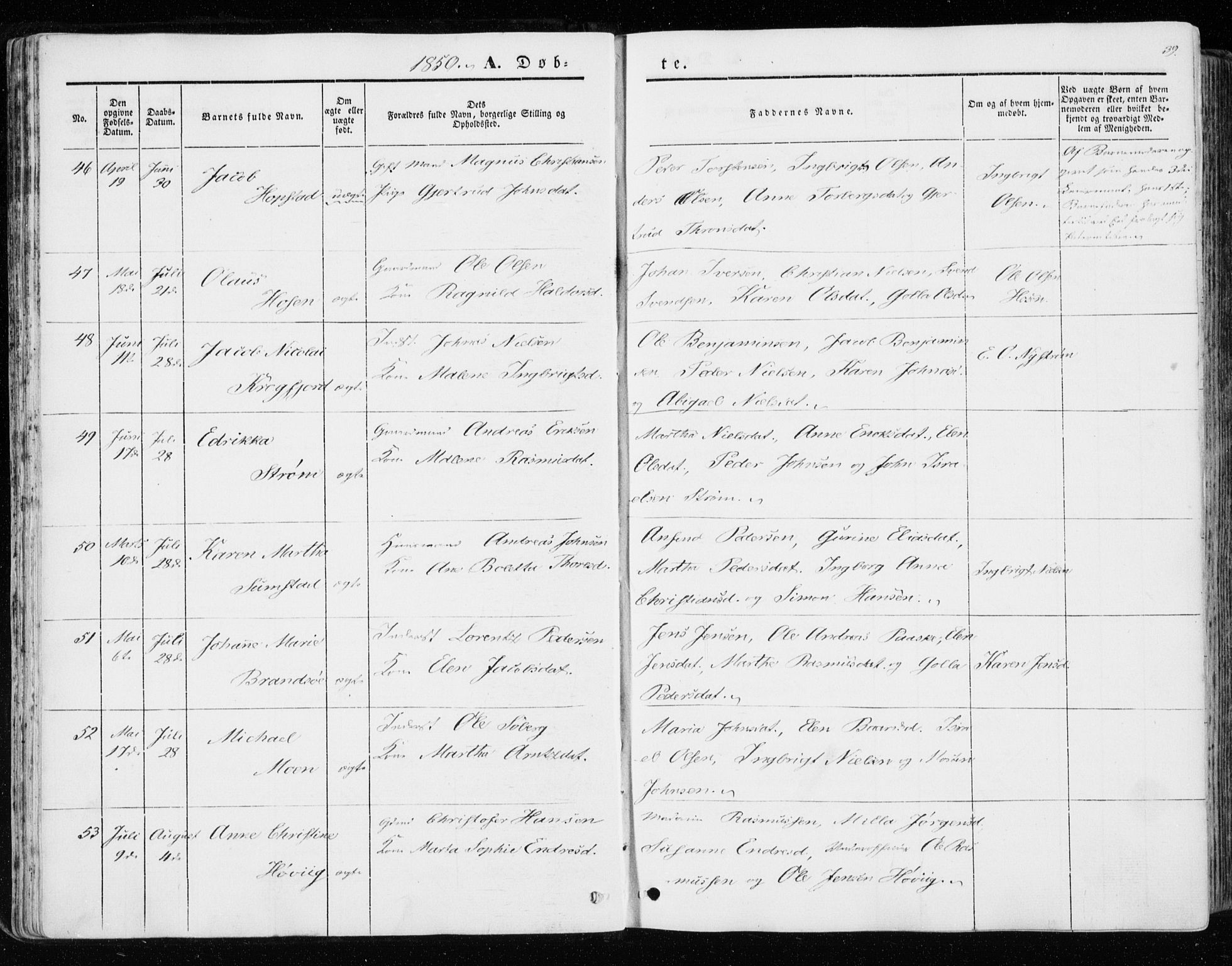 Ministerialprotokoller, klokkerbøker og fødselsregistre - Sør-Trøndelag, AV/SAT-A-1456/657/L0704: Parish register (official) no. 657A05, 1846-1857, p. 39