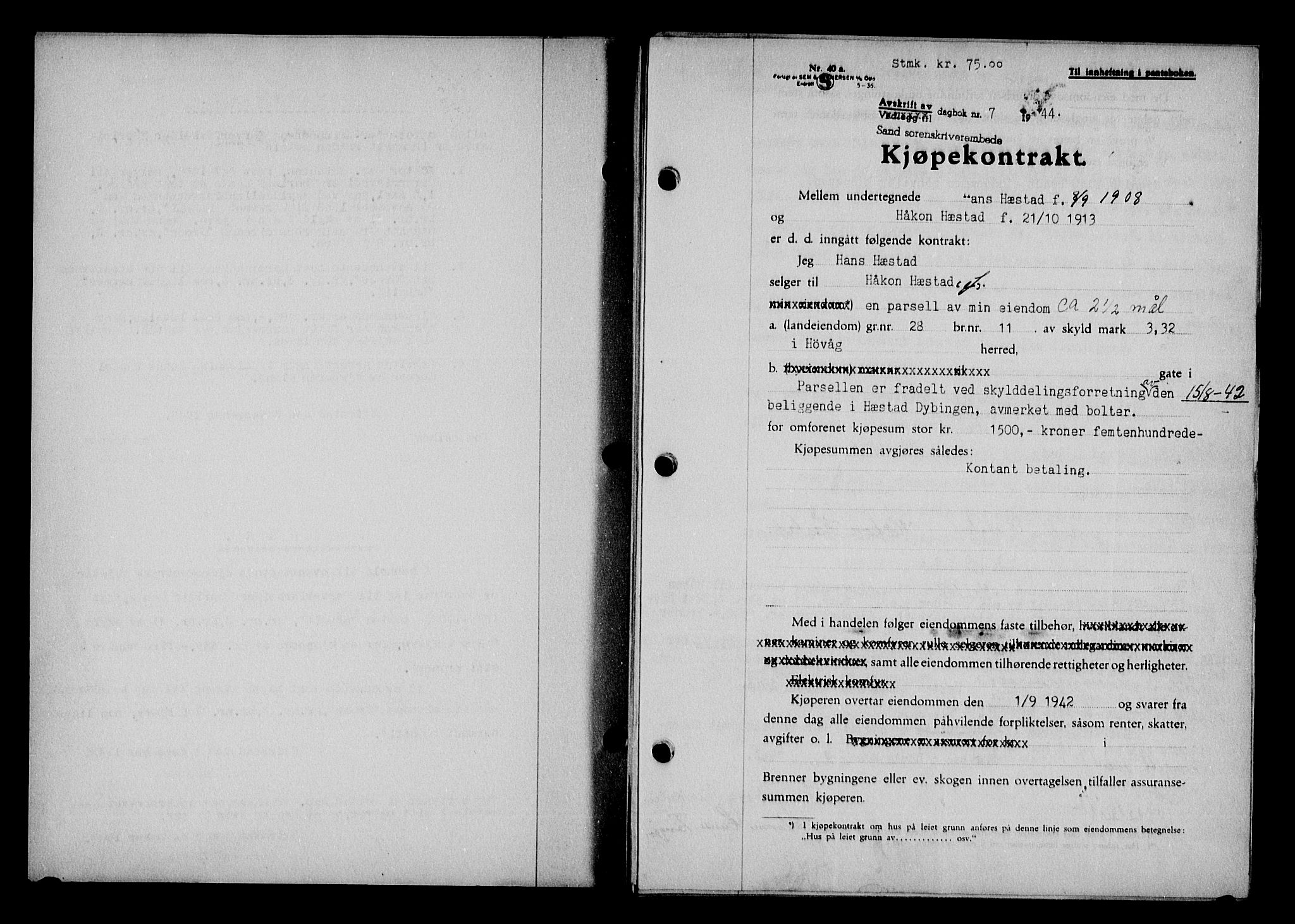Vestre Nedenes/Sand sorenskriveri, SAK/1221-0010/G/Gb/Gba/L0053: Mortgage book no. A 6, 1944-1945, Diary no: : 7/1944