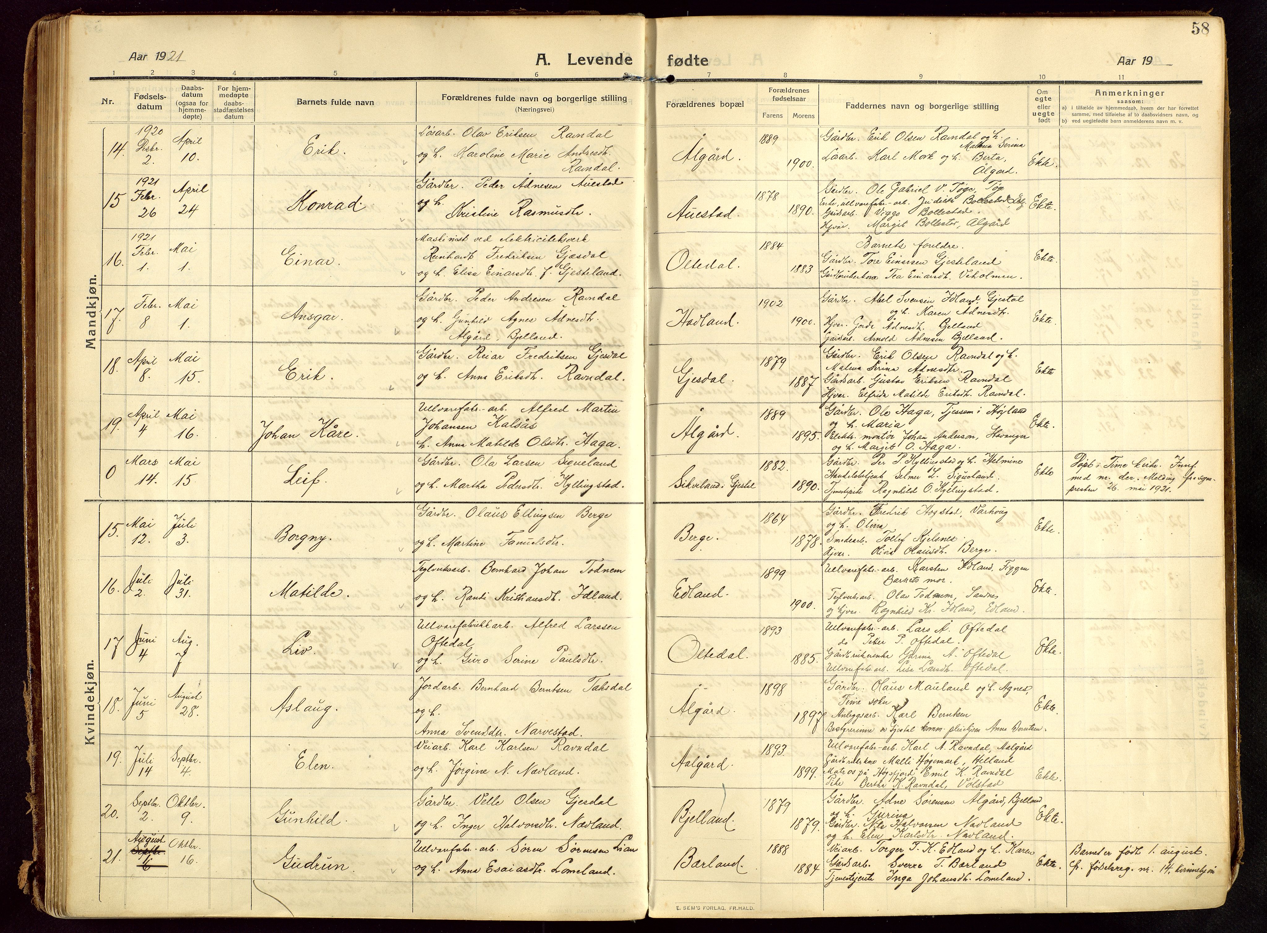 Lye sokneprestkontor, AV/SAST-A-101794/002/B/L0001: Parish register (official) no. A 13, 1910-1925, p. 58