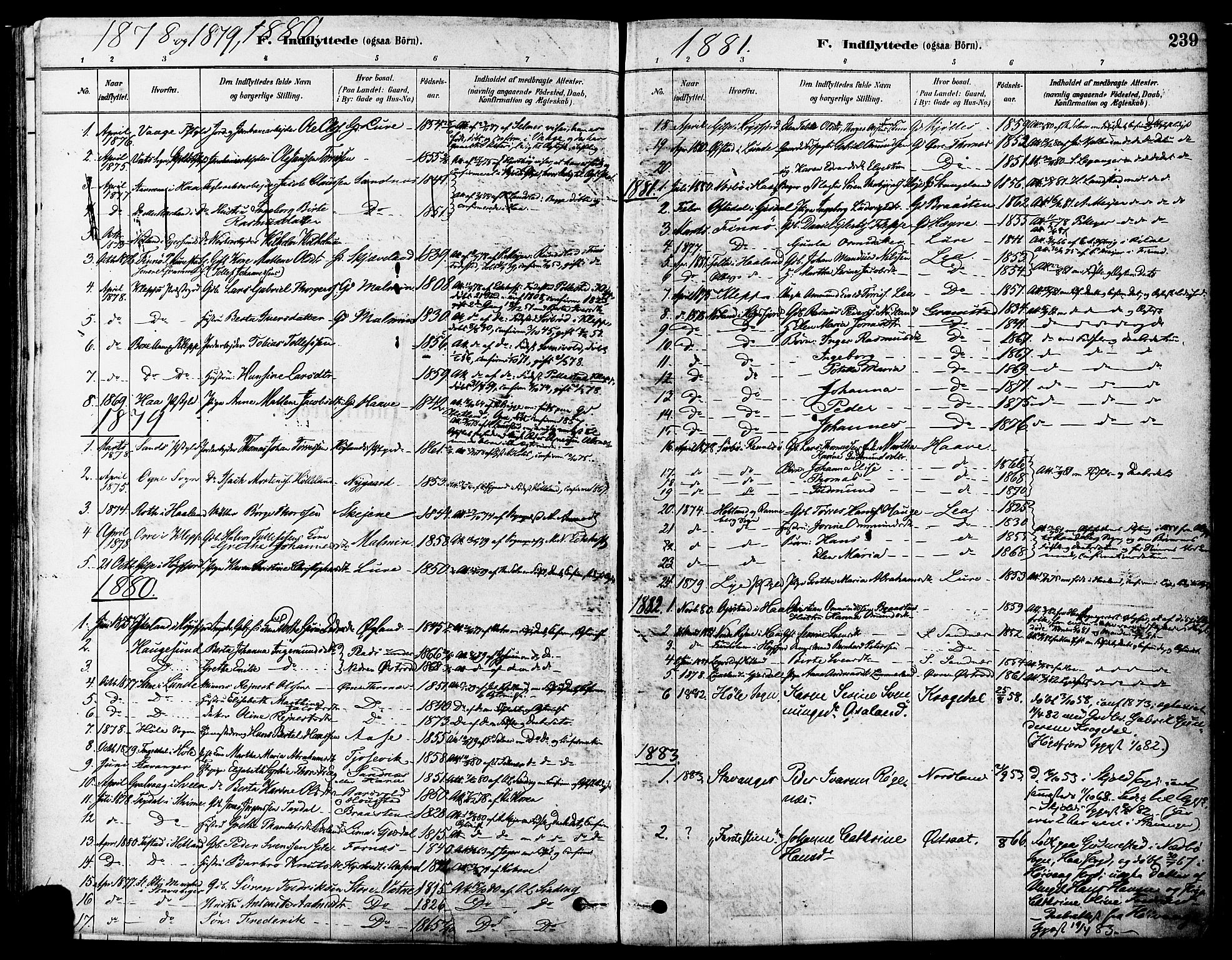 Høyland sokneprestkontor, SAST/A-101799/001/30BA/L0011: Parish register (official) no. A 10, 1878-1888, p. 239
