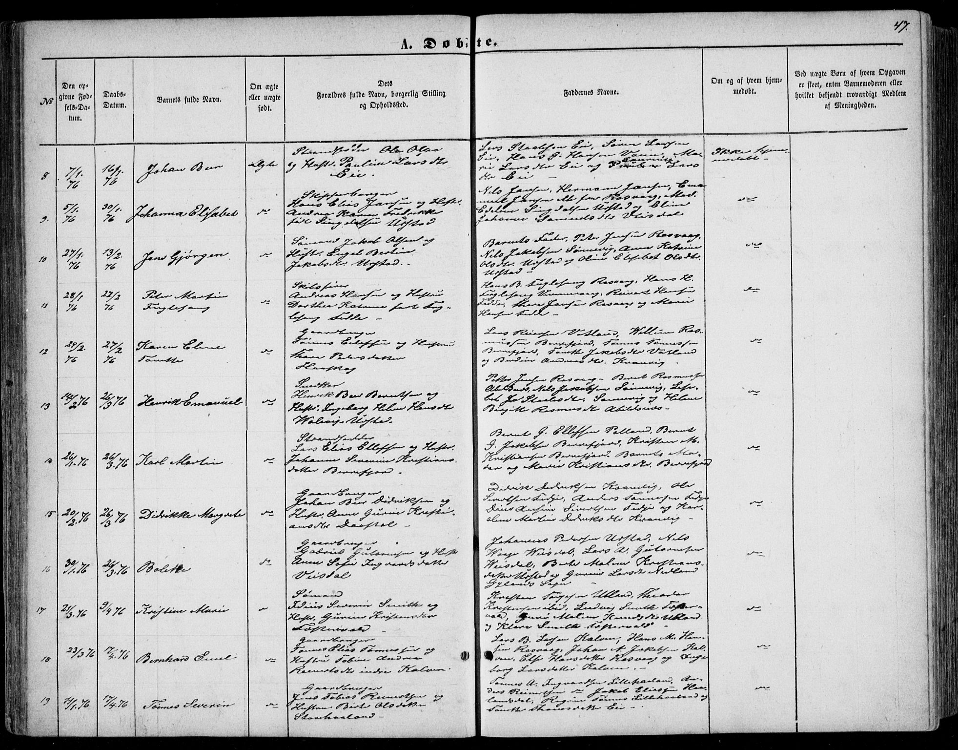 Flekkefjord sokneprestkontor, SAK/1111-0012/F/Fb/Fbb/L0003: Parish register (copy) no. B 3, 1867-1889, p. 47