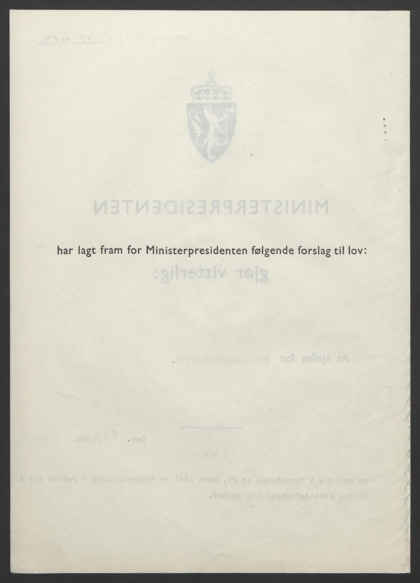 NS-administrasjonen 1940-1945 (Statsrådsekretariatet, de kommisariske statsråder mm), RA/S-4279/D/Db/L0099: Lover, 1943, p. 379