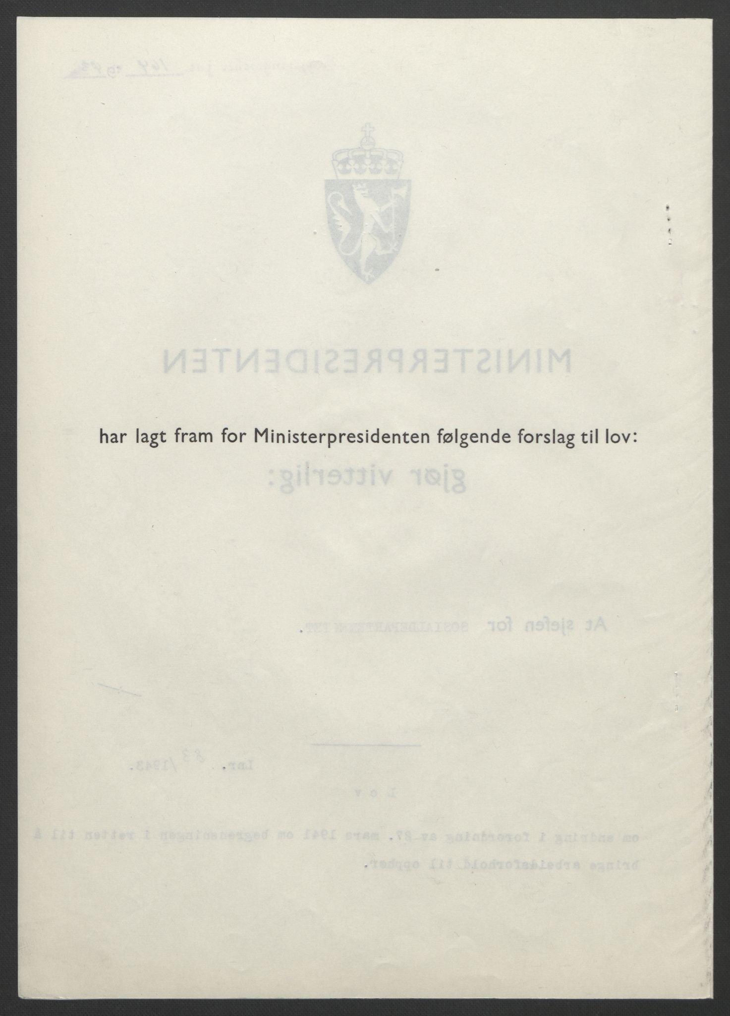 NS-administrasjonen 1940-1945 (Statsrådsekretariatet, de kommisariske statsråder mm), AV/RA-S-4279/D/Db/L0099: Lover, 1943, p. 379