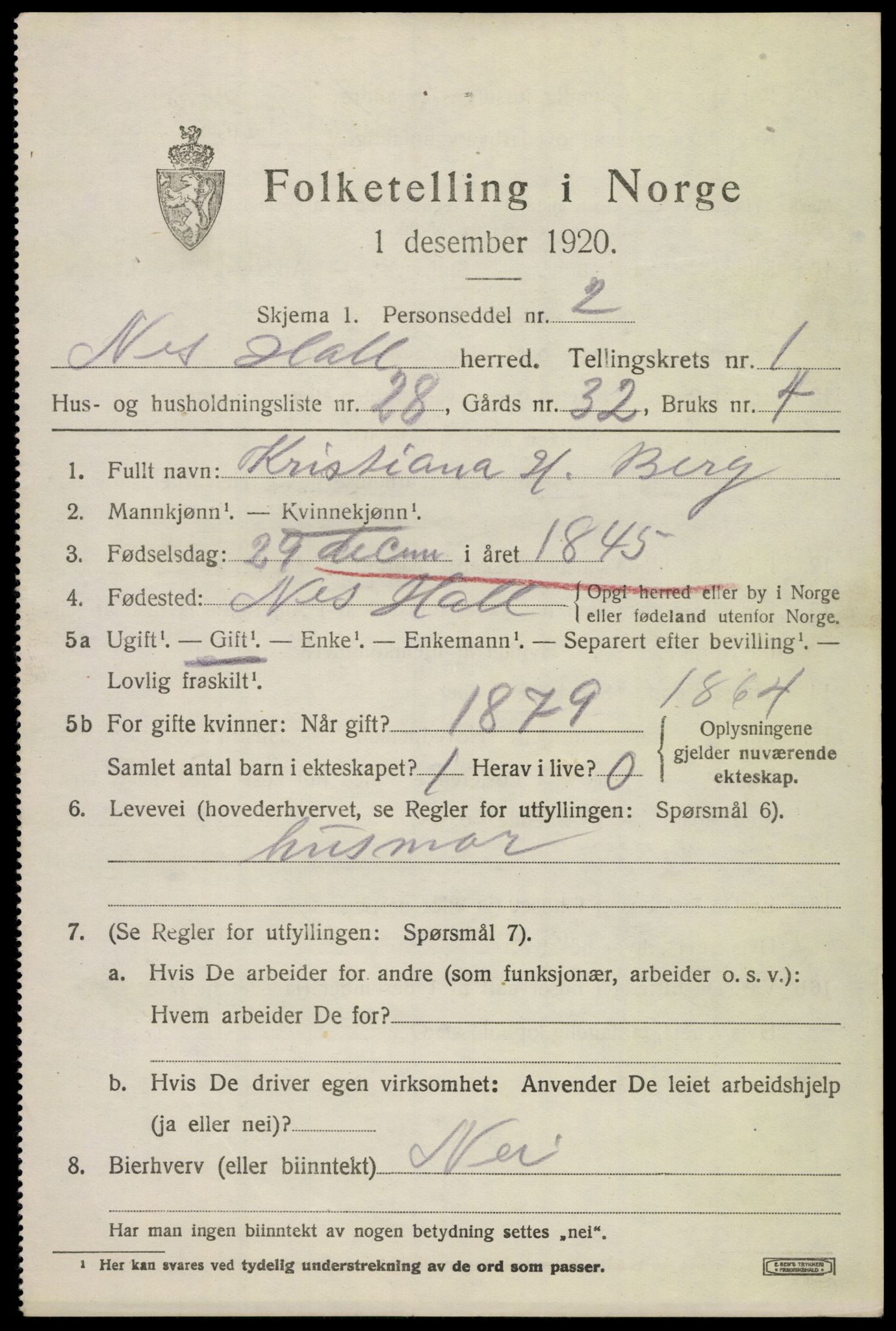 SAKO, 1920 census for Nes (Buskerud), 1920, p. 1270