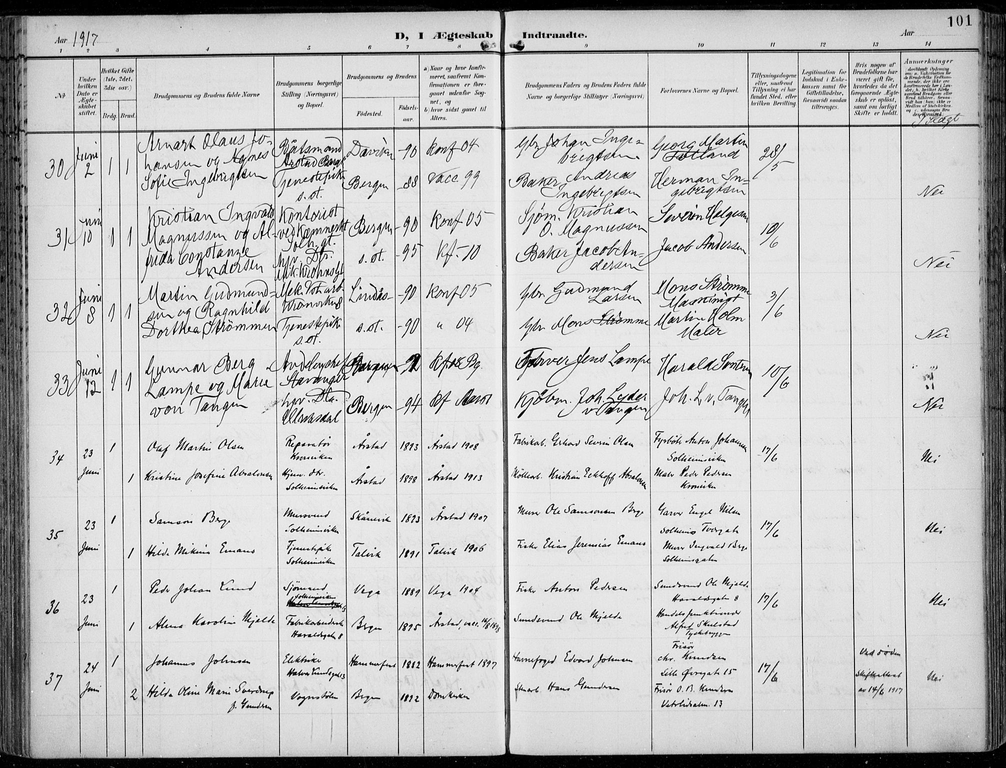 Årstad Sokneprestembete, AV/SAB-A-79301/H/Haa/L0009: Parish register (official) no. C 1, 1902-1918, p. 101