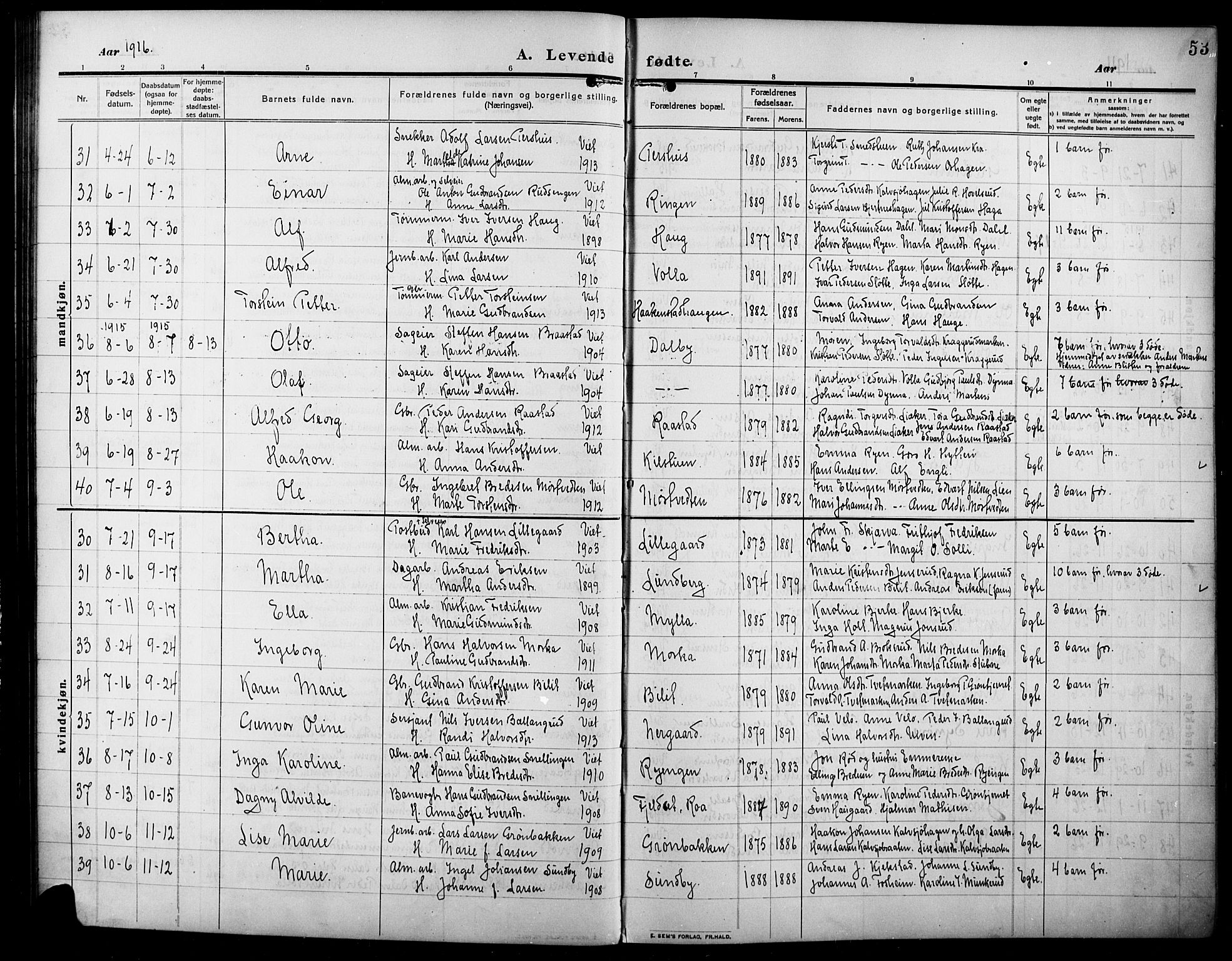 Lunner prestekontor, AV/SAH-PREST-118/H/Ha/Hab/L0001: Parish register (copy) no. 1, 1909-1922, p. 53