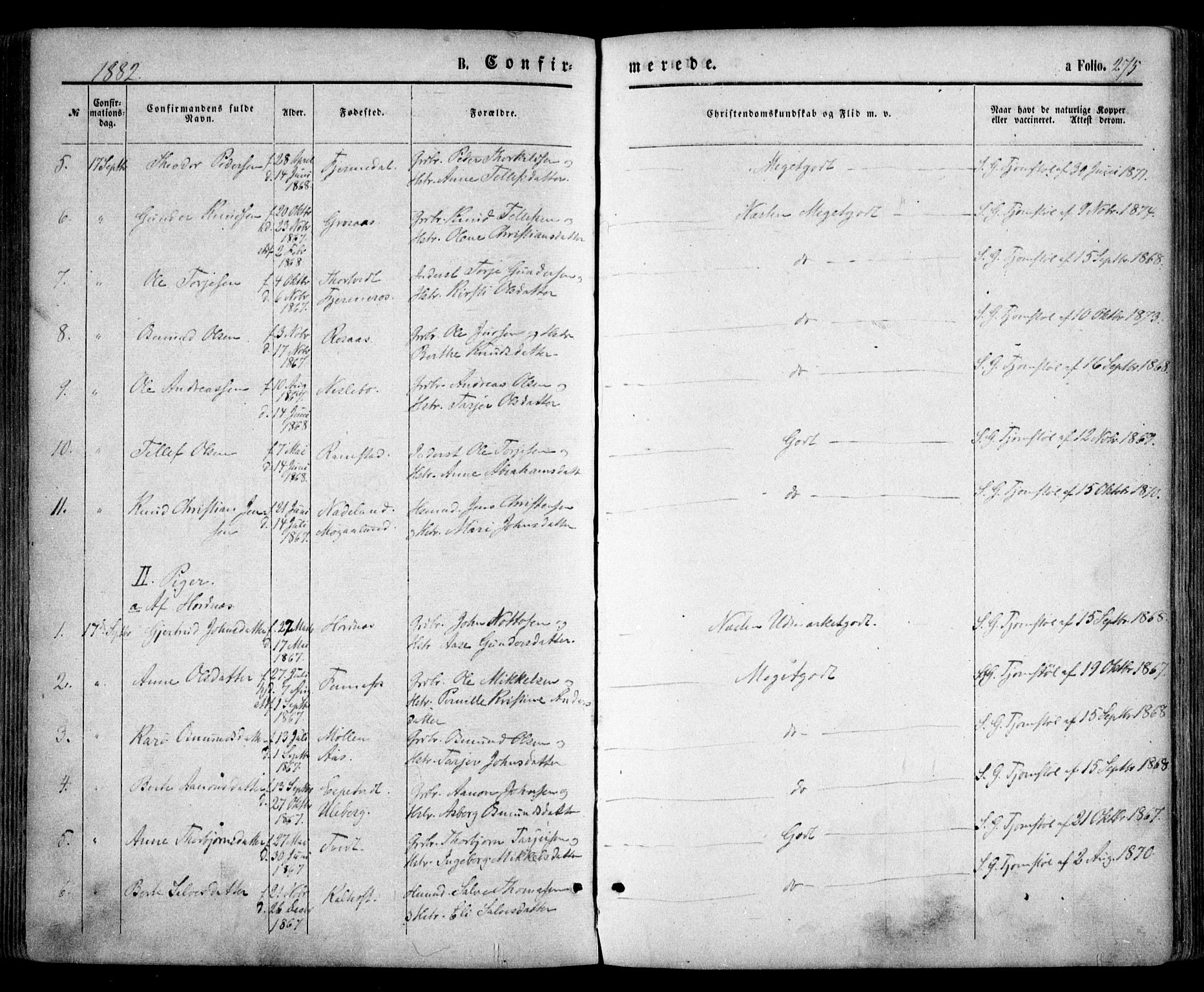 Evje sokneprestkontor, AV/SAK-1111-0008/F/Fa/Faa/L0006: Parish register (official) no. A 6, 1866-1884, p. 275