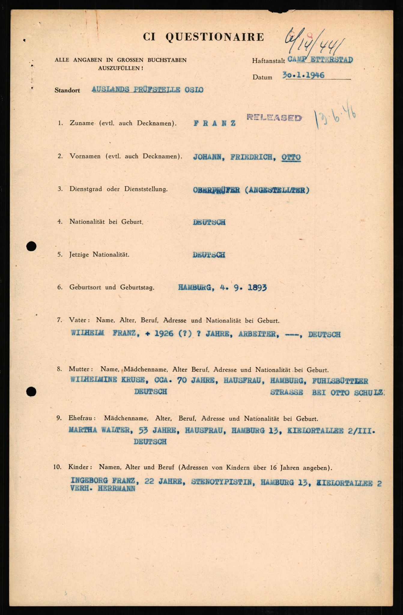 Forsvaret, Forsvarets overkommando II, RA/RAFA-3915/D/Db/L0008: CI Questionaires. Tyske okkupasjonsstyrker i Norge. Tyskere., 1945-1946, p. 262