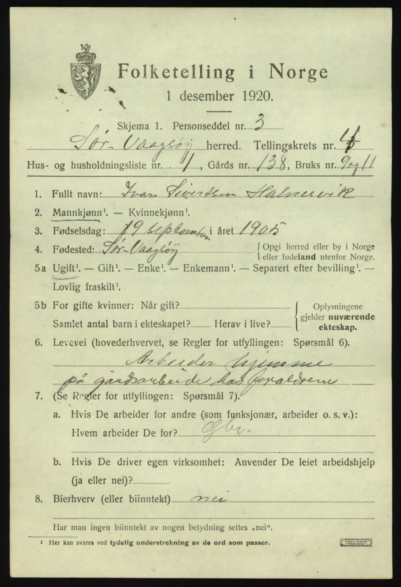 SAB, 1920 census for Sør-Vågsøy, 1920, p. 1824