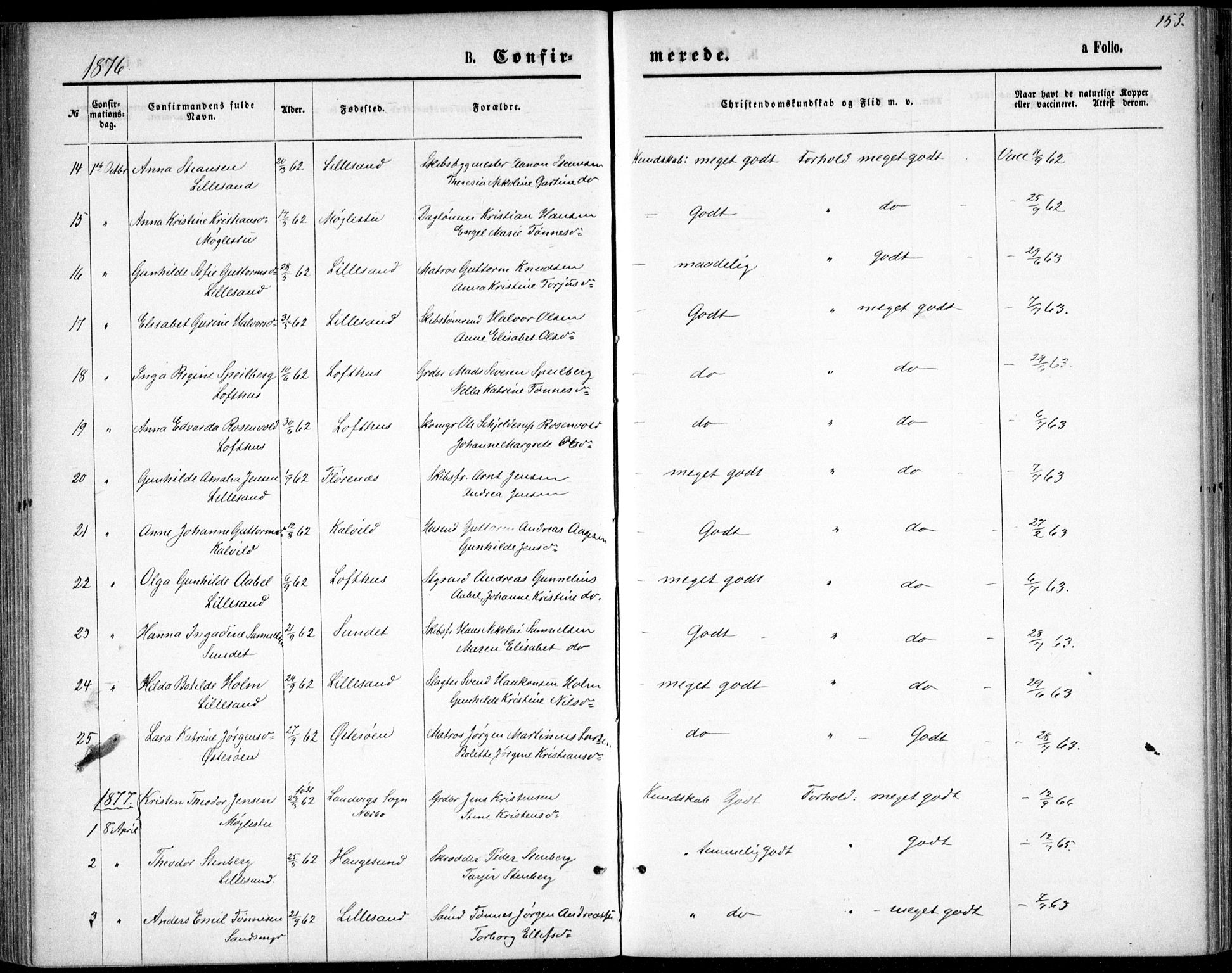 Vestre Moland sokneprestkontor, SAK/1111-0046/F/Fb/Fbb/L0005: Parish register (copy) no. B 5, 1872-1883, p. 153