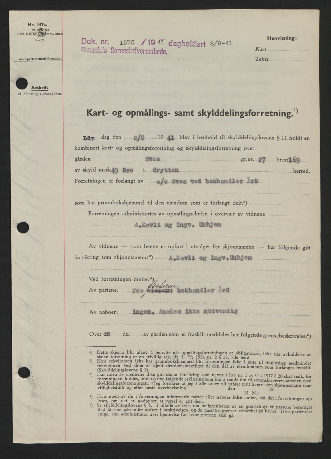 Romsdal sorenskriveri, AV/SAT-A-4149/1/2/2C: Mortgage book no. A10, 1941-1941, Diary no: : 1575/1941