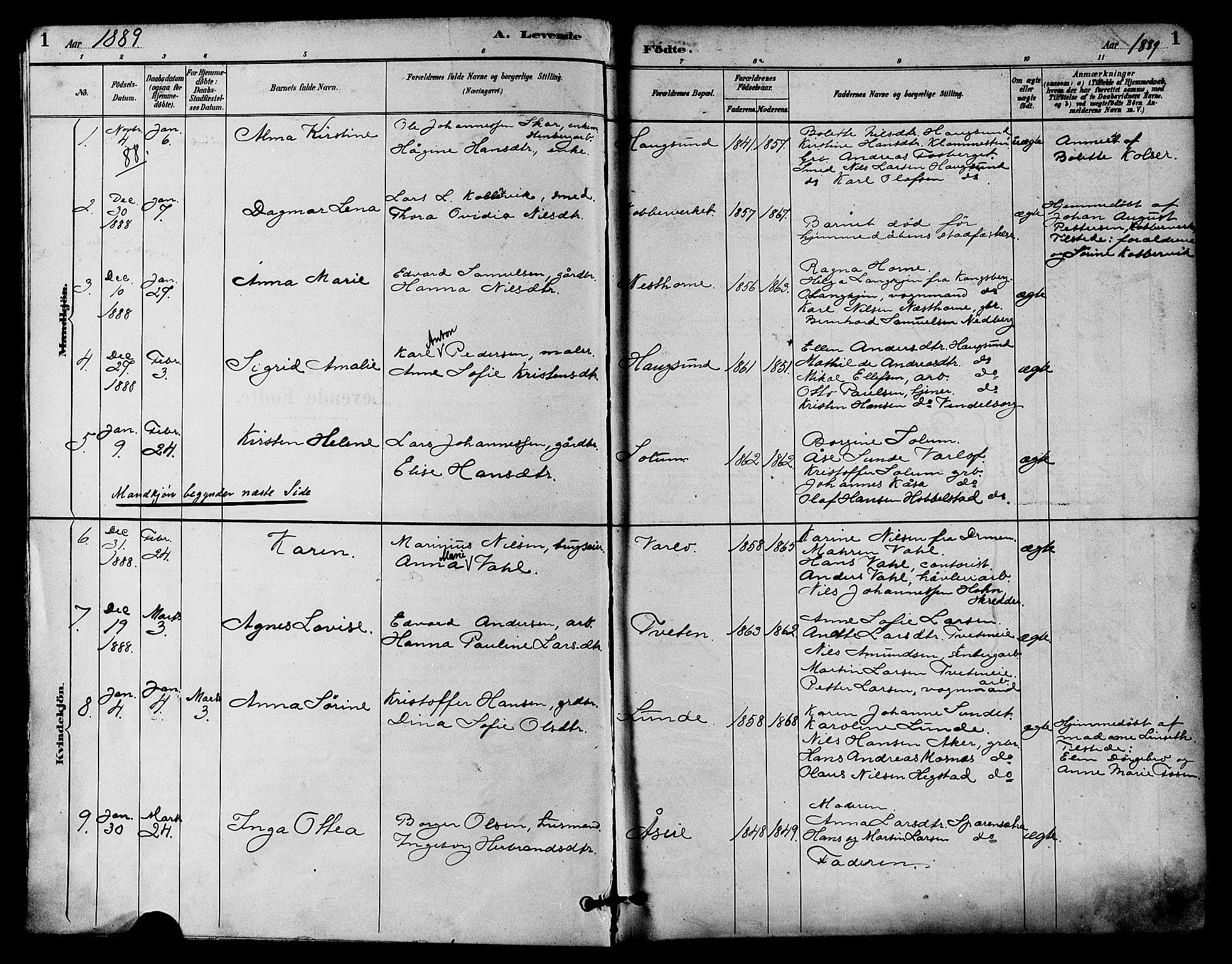 Eiker kirkebøker, SAKO/A-4/F/Fb/L0002: Parish register (official) no. II 2, 1889-1896, p. 1