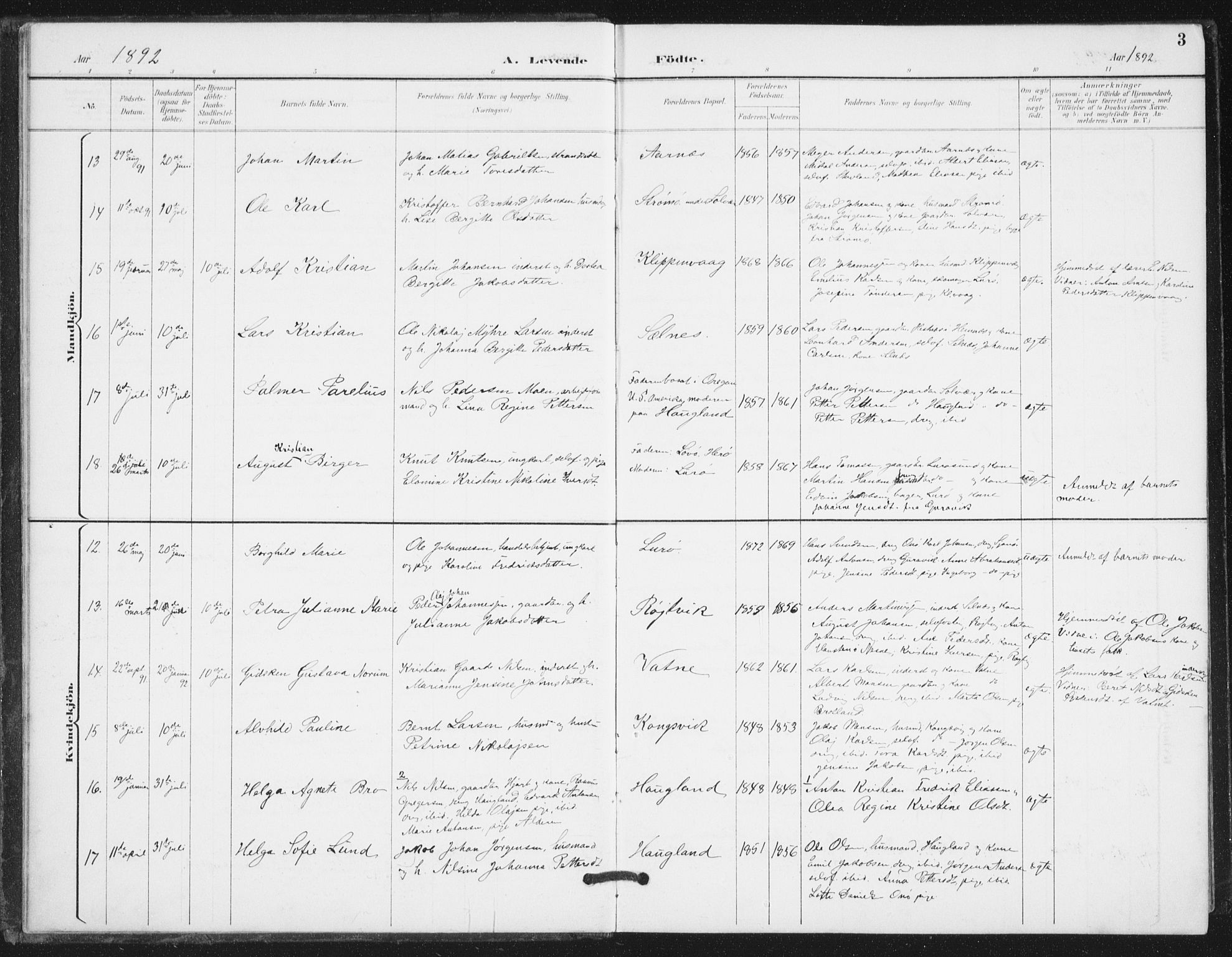 Ministerialprotokoller, klokkerbøker og fødselsregistre - Nordland, AV/SAT-A-1459/839/L0573: Parish register (copy) no. 839C03, 1892-1917, p. 3