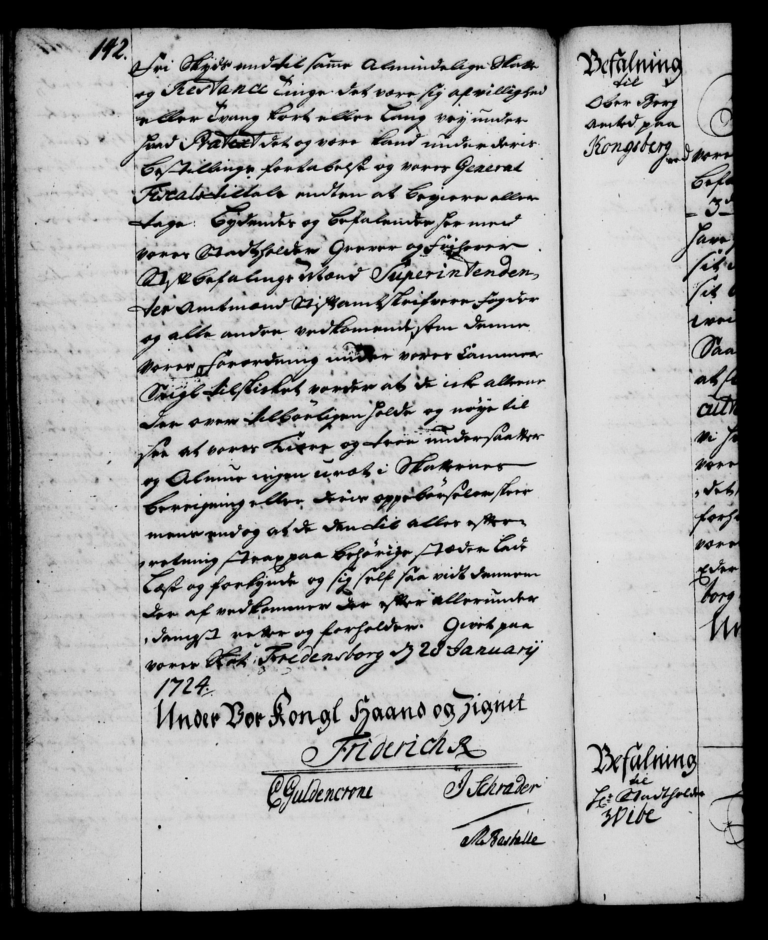 Rentekammeret, Kammerkanselliet, RA/EA-3111/G/Gg/Gga/L0002: Norsk ekspedisjonsprotokoll med register (merket RK 53.2), 1723-1727, p. 142