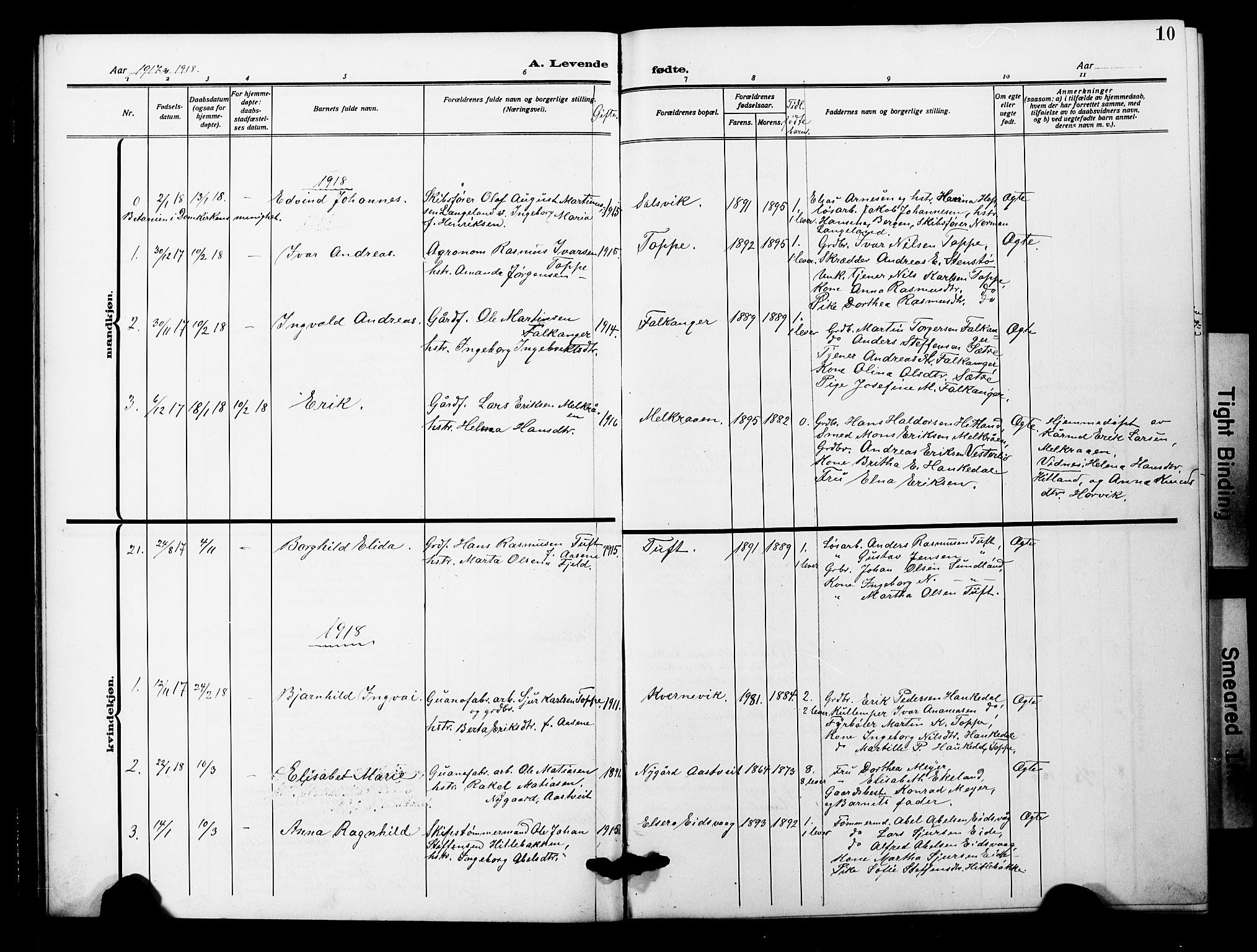 Åsane sokneprestembete, AV/SAB-A-79401/H/Hab: Parish register (copy) no. A 4, 1915-1927, p. 10