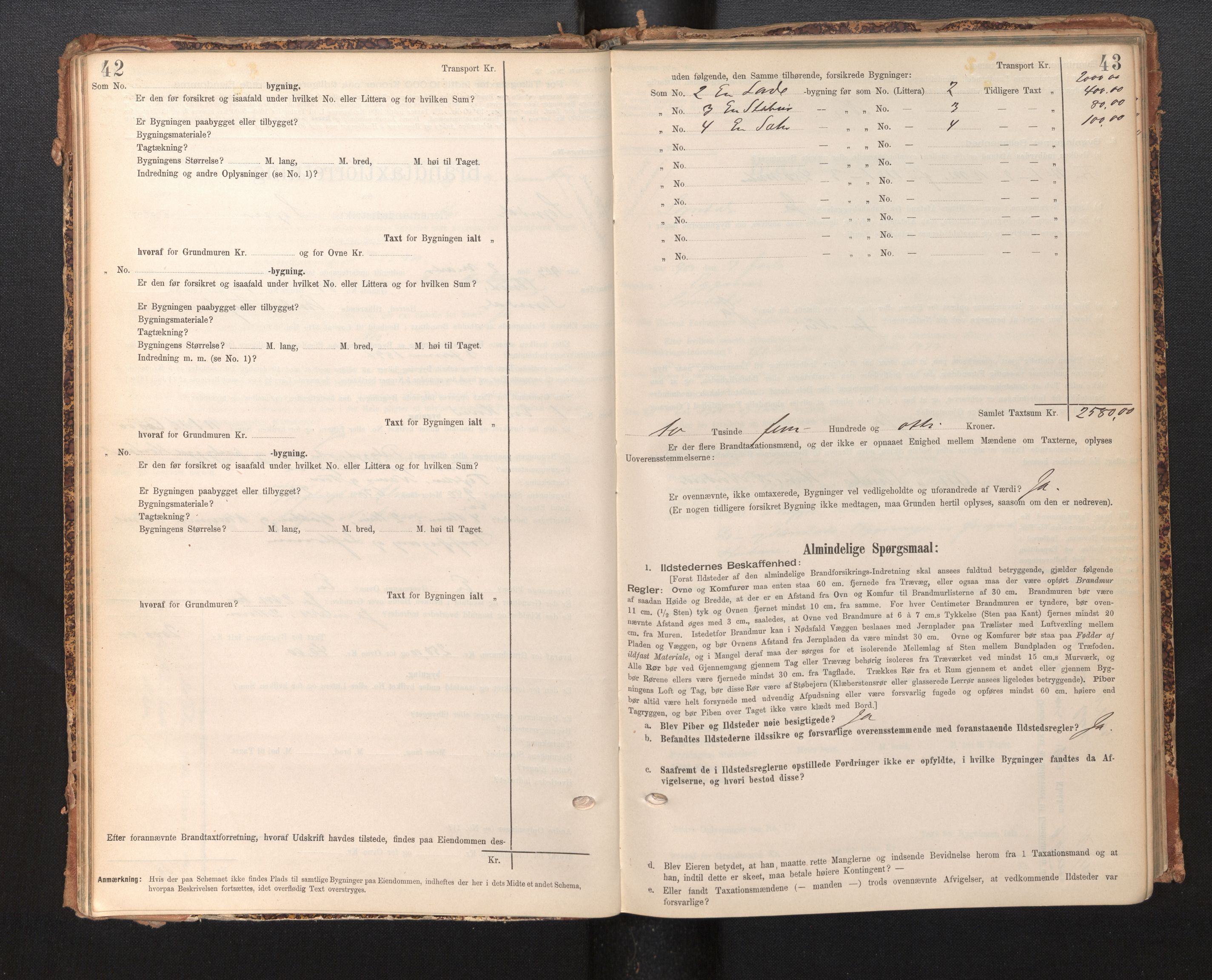 Lensmannen i Sogndal, AV/SAB-A-29901/0012/L0009: Branntakstprotokoll, skjematakst, 1901-1914, p. 42-43