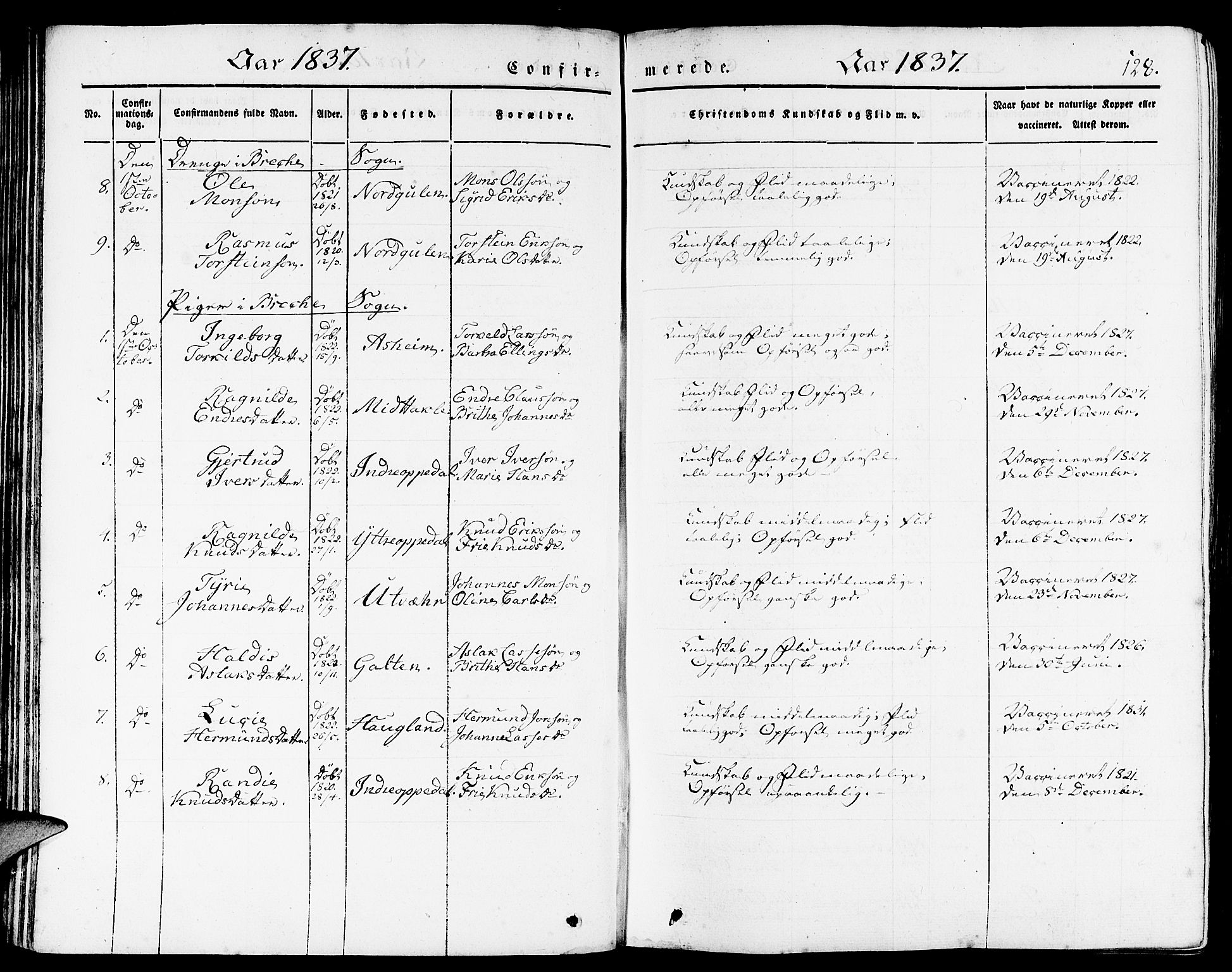 Gulen sokneprestembete, AV/SAB-A-80201/H/Haa/Haaa/L0020: Parish register (official) no. A 20, 1837-1847, p. 128