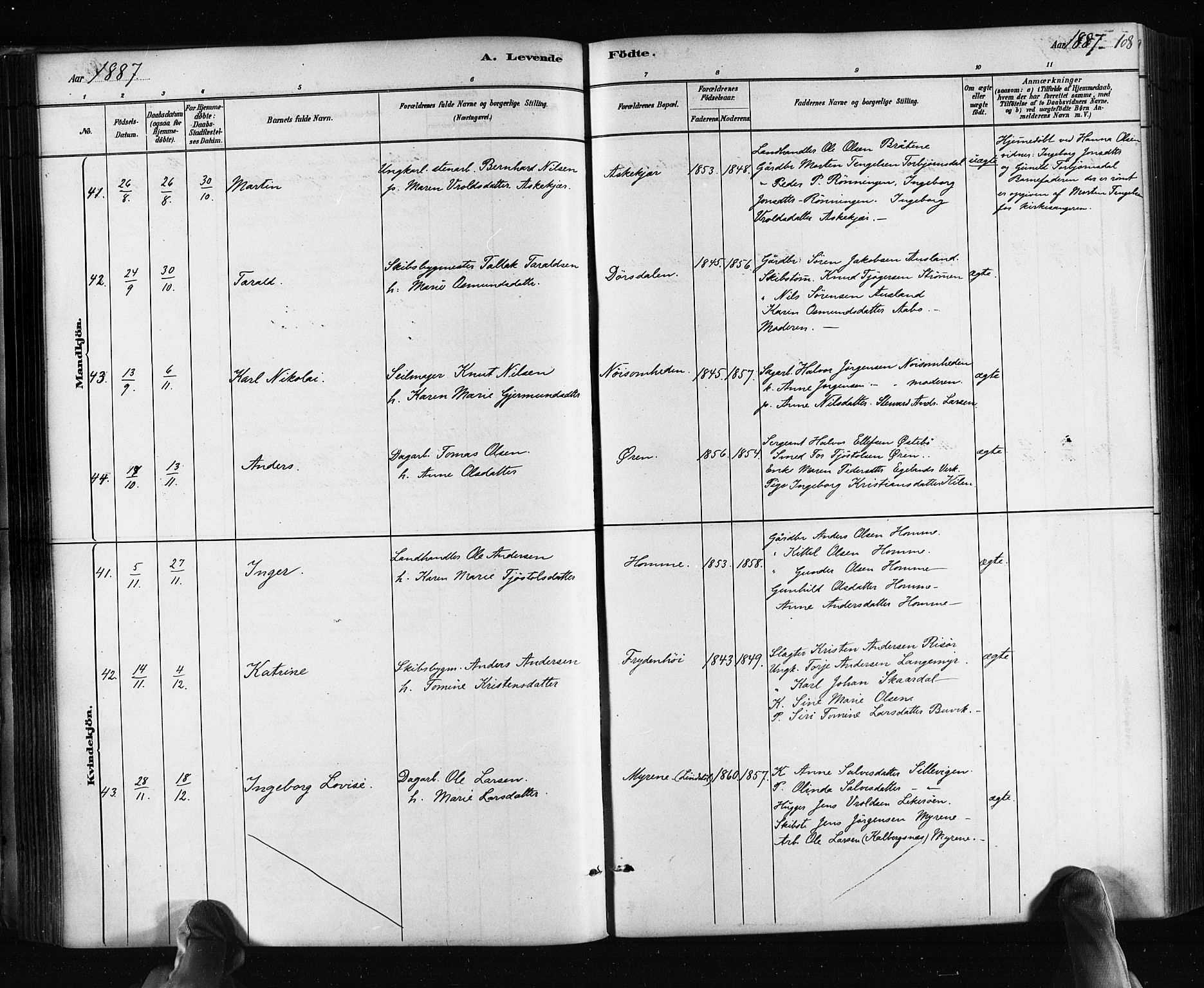 Søndeled sokneprestkontor, AV/SAK-1111-0038/F/Fa/L0004: Parish register (official) no. A 4, 1880-1889, p. 108