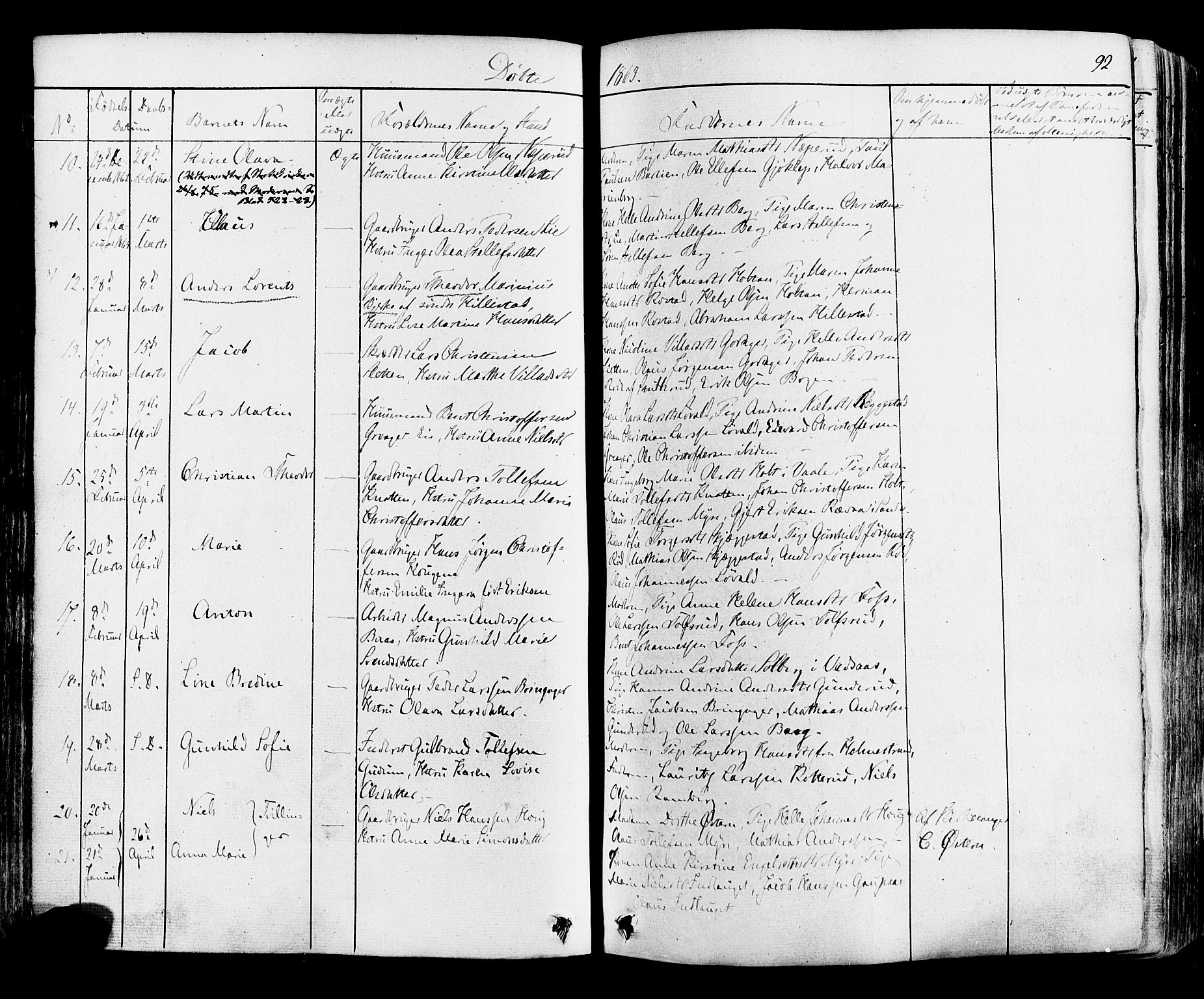 Botne kirkebøker, AV/SAKO-A-340/F/Fa/L0006: Parish register (official) no. I 6, 1836-1877, p. 92