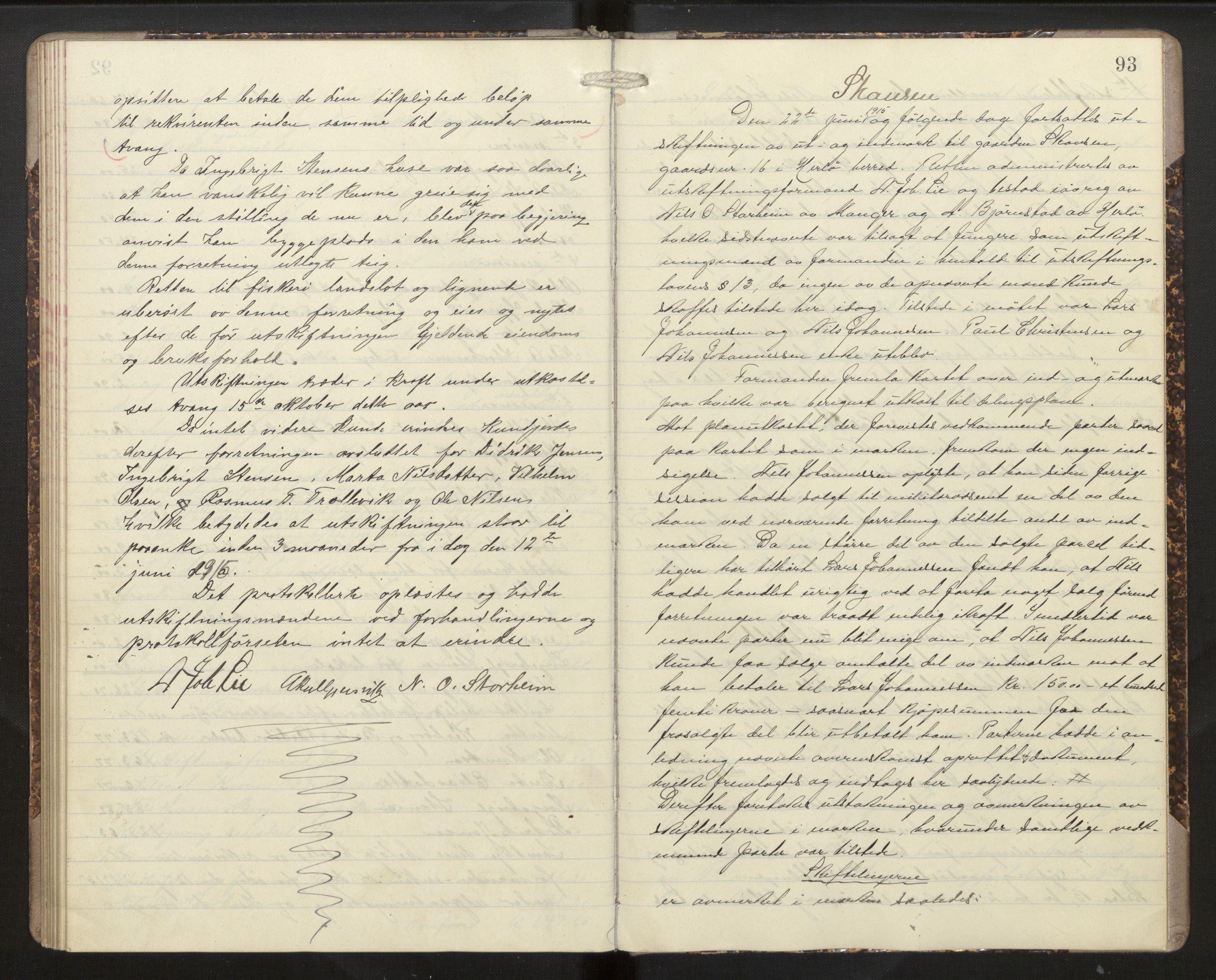 Hordaland jordskiftedøme - II Ytre Nordhordland jordskiftedistrikt, AV/SAB-A-6901/A/Aa/L0013: Forhandlingsprotokoll, 1914-1915, p. 92b-93a