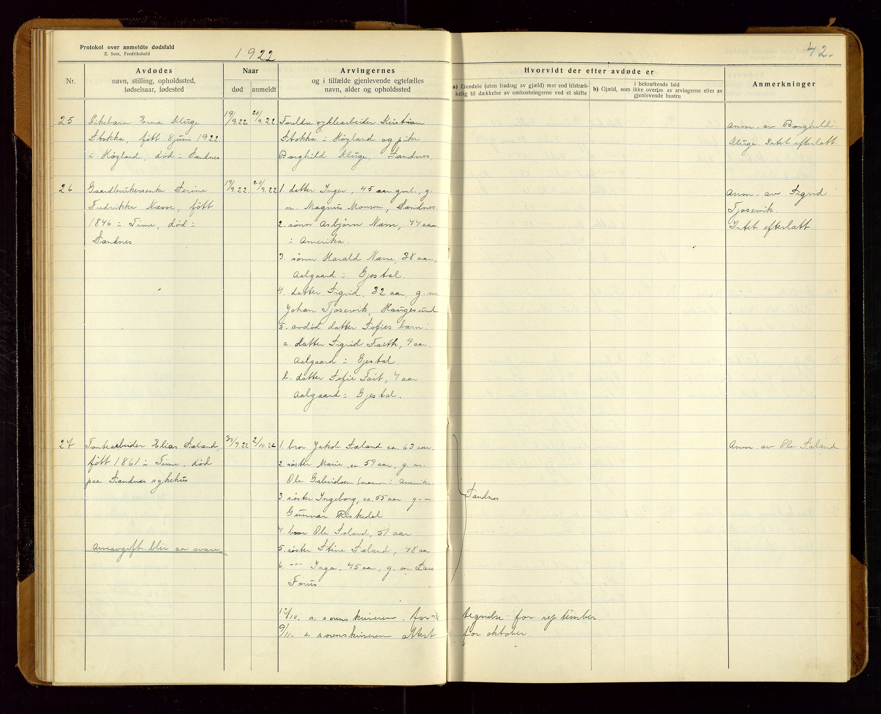 Sandnes lensmannskontor, SAST/A-100167/Gga/L0001: "Protokol over anmeldte dødsfald" m/register, 1918-1940, p. 42