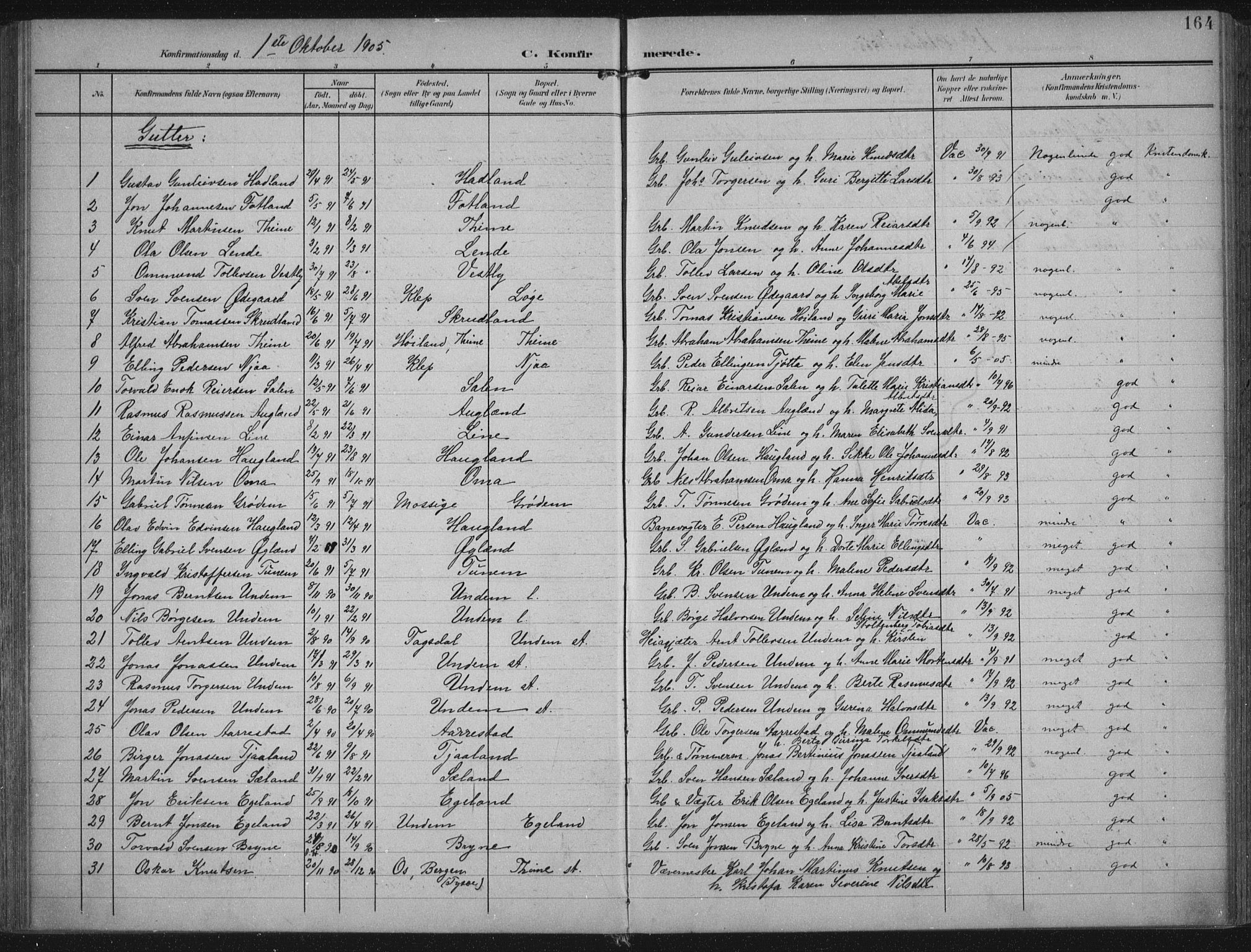 Lye sokneprestkontor, AV/SAST-A-101794/002/A/L0001: Parish register (official) no. A 12, 1904-1920, p. 164