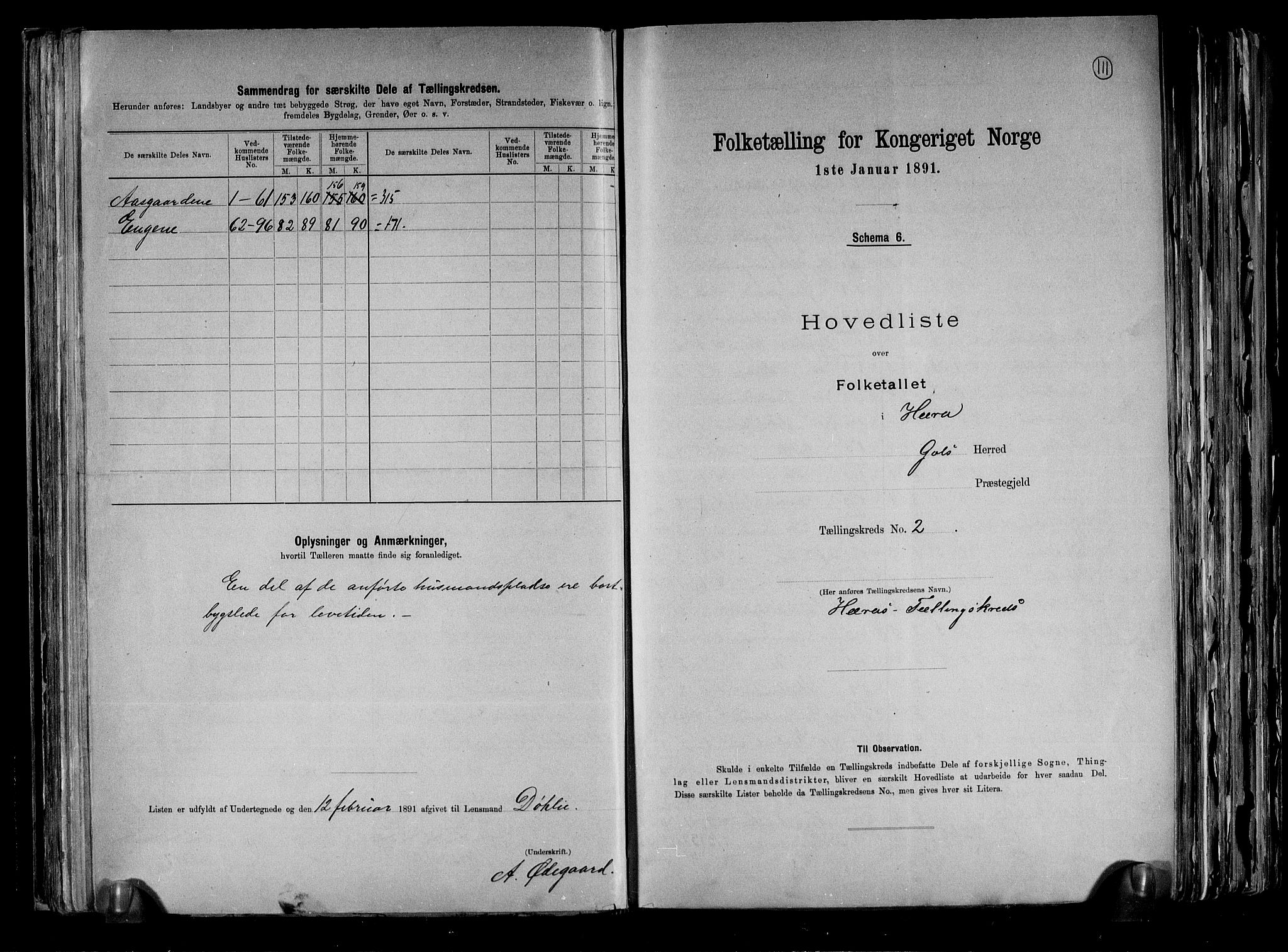 RA, 1891 census for 0617 Gol og Hemsedal, 1891, p. 6