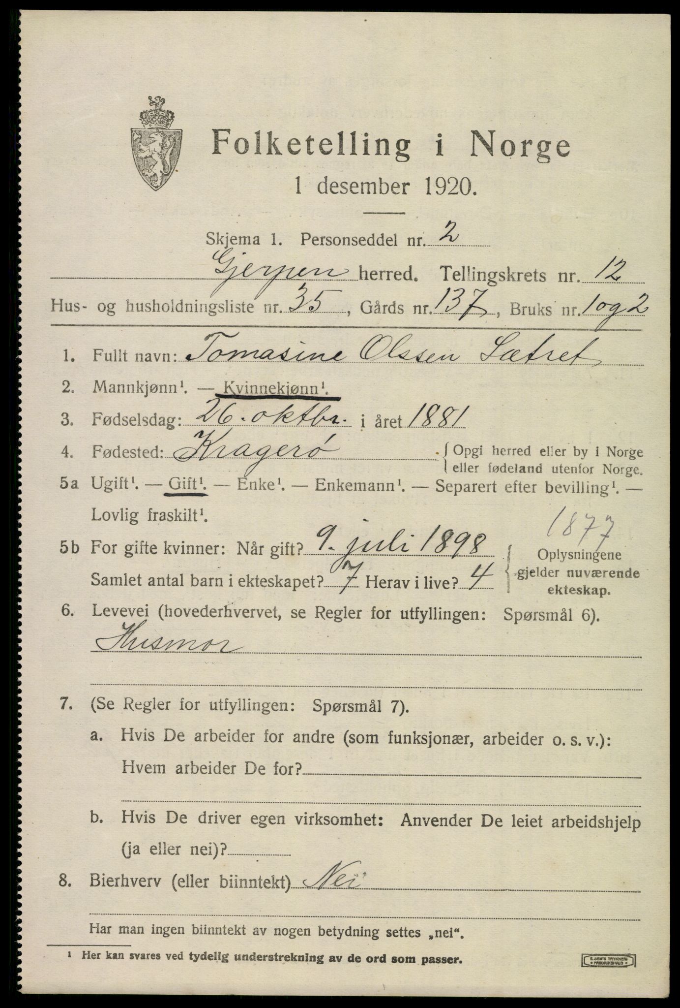 SAKO, 1920 census for Gjerpen, 1920, p. 13906