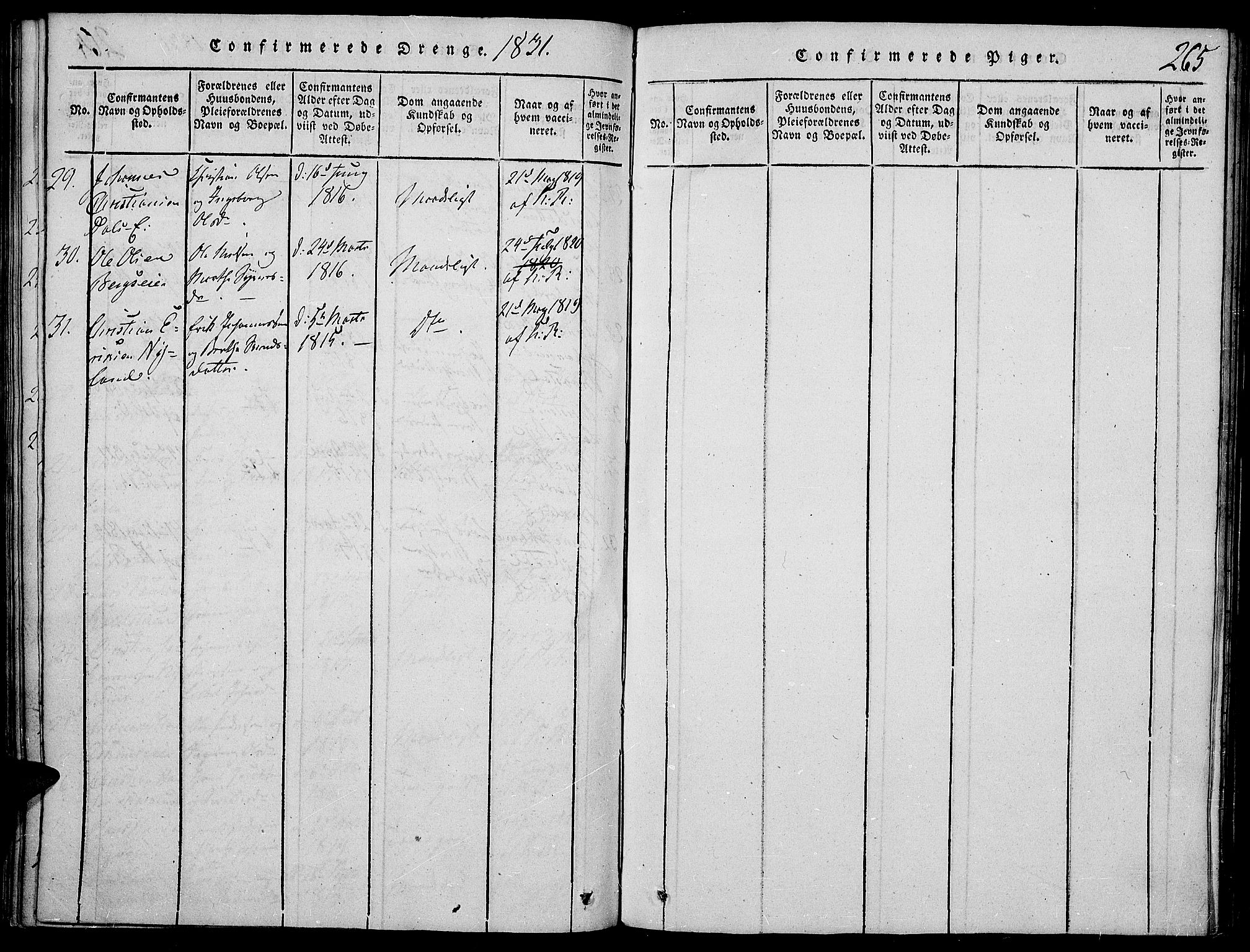 Vardal prestekontor, SAH/PREST-100/H/Ha/Haa/L0004: Parish register (official) no. 4, 1814-1831, p. 265