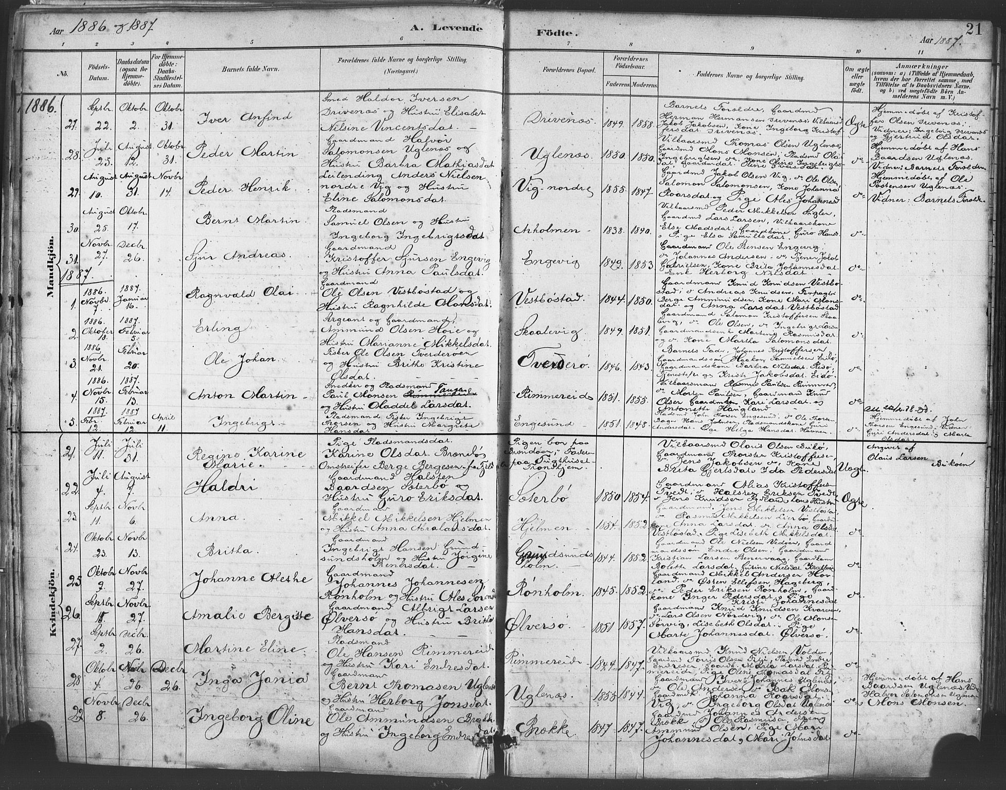 Fitjar sokneprestembete, AV/SAB-A-99926: Parish register (official) no. A 2, 1882-1899, p. 21